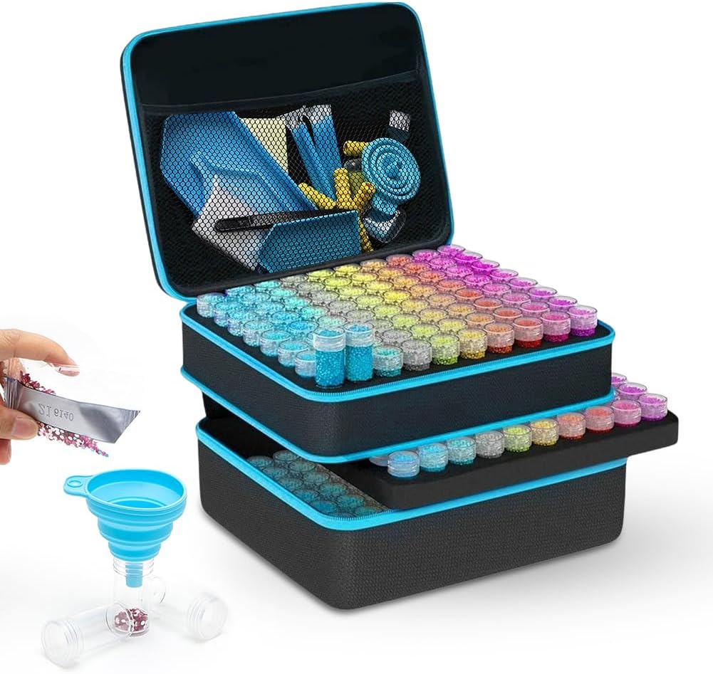 Piashow Cajas de accesorios de pintura de diamante 5D, caja de pintura de diamante con 120 latas y accesorios de pintura de diamante, caja de almacenamiento portátil de pintura de diamante para organi
