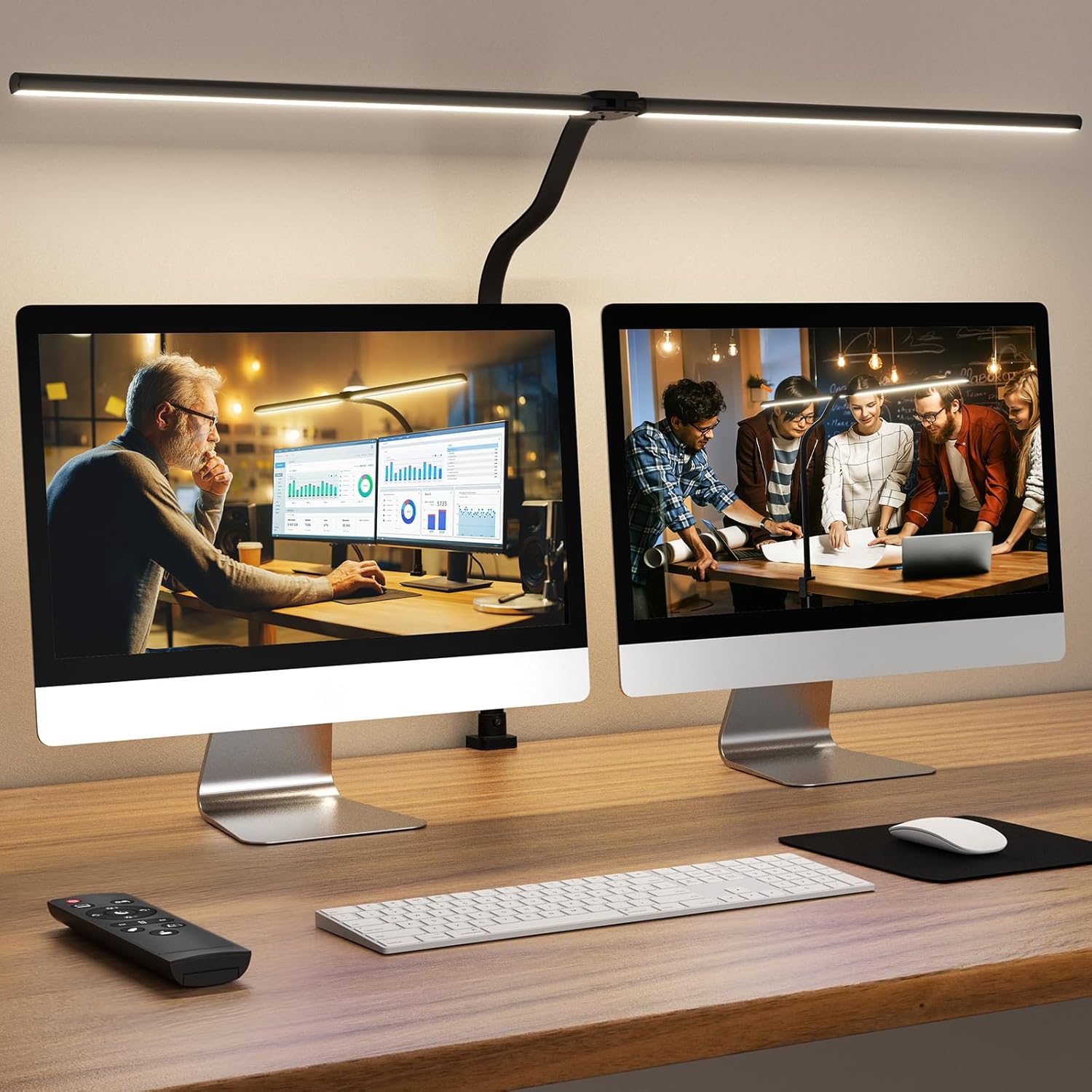 APMIEK Lampara Led Escritorio, Luz de Escritorio Con Mando A Distancia 100 Modos De Iluminación Para La Oficina En Casa Con Cuello De Cisne Flexible, 24w, Doble Cabezal, Negro