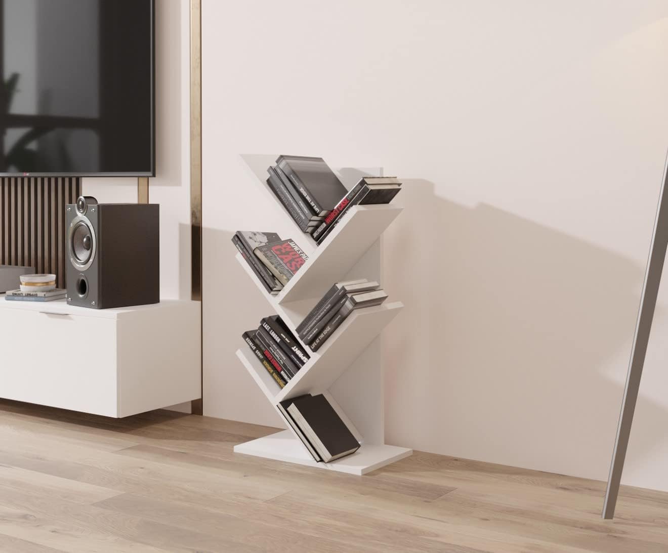 ComfortCove Estantería de árbol, Librería en Forma de árbol, Librero de Escritorio, Estante de Pie para Libros, Librería Vertical para salón, Oficina en Casa, 5 estantes, Blanco