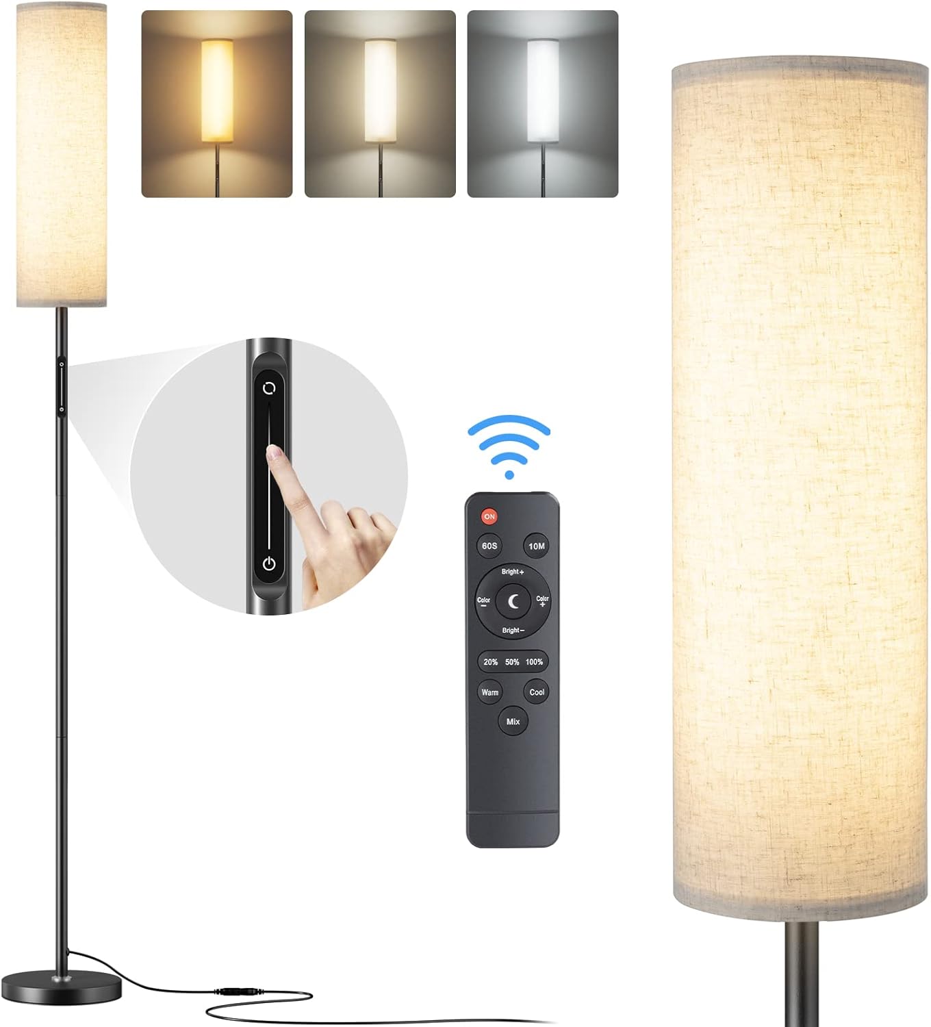 Lámpara de pie LED de 12W, dimmable, incluye control remoto. Ideal para salas de estar y dormitorios. Diseño moderno y elegante.