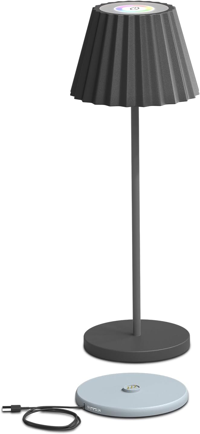 Lámpara de mesa con batería inalámbrica recargable con estación de carga, RGBW regulable a pilas, IP54, resistente al agua, larga duración de la batería, lámpara de noche para restaurante/salón (gris)