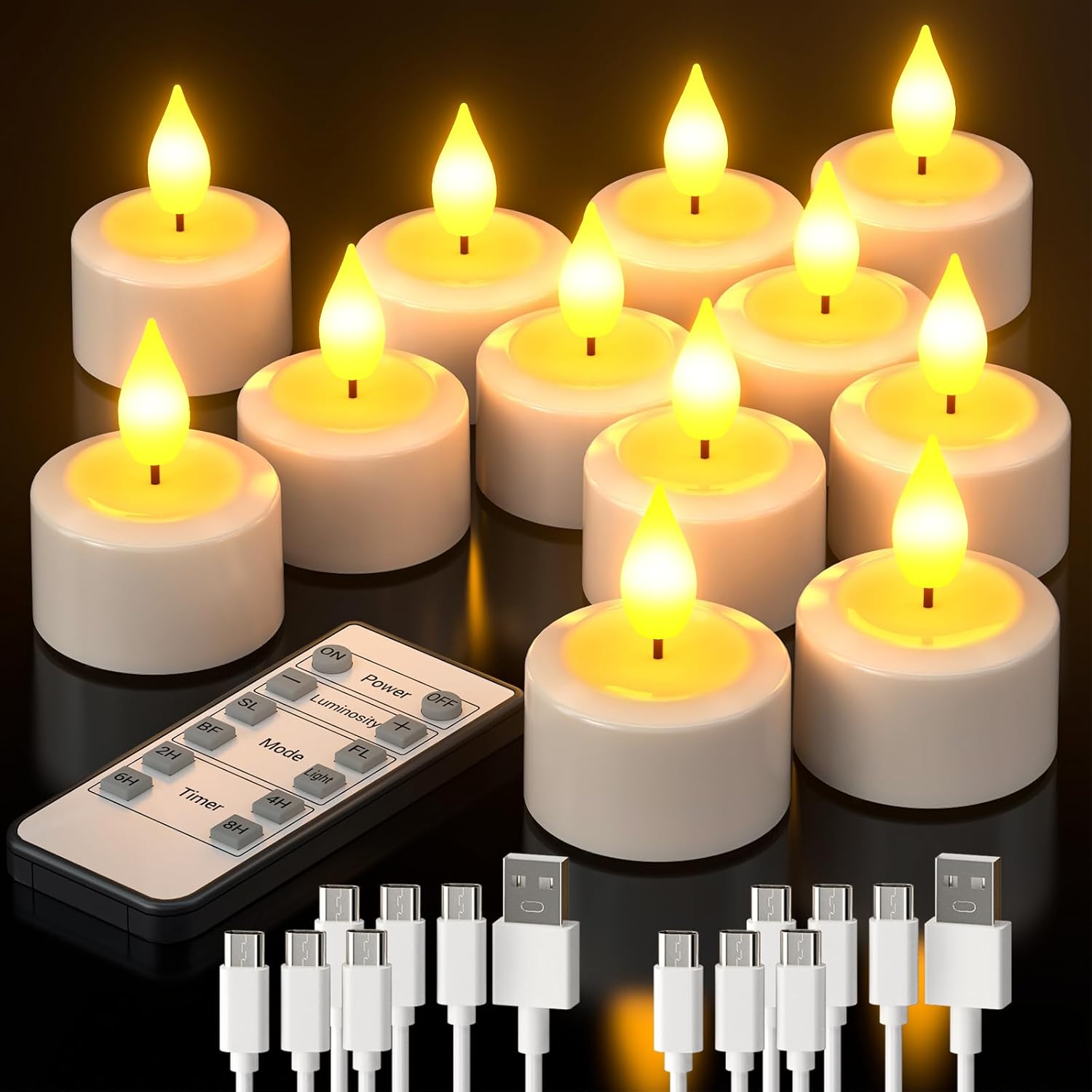 Paquete de 12 velas LED recargables PChero con temporizador, sin llama, parpadeantes, regulables, con control remoto y cable de carga USB-C de 6 puertos para decoración del hogar, habitación, Halloween, Navidad y fiestas.
