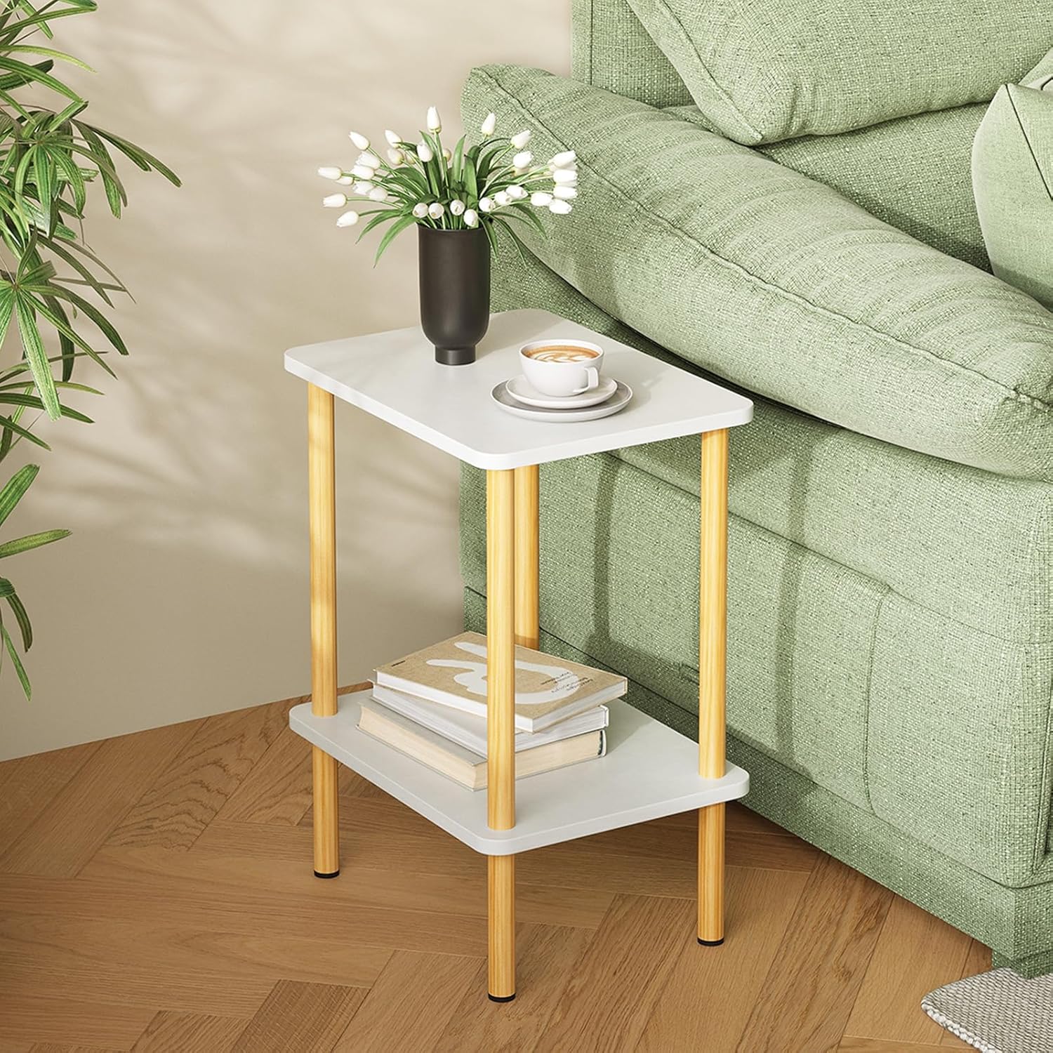 APICIZON - Mesa auxiliar de madera, mesita de noche estrecha de 2 niveles, 40 x 30 x 52 cm, con espacio de almacenamiento, para salón, dormitorio y balcón, fácil de montar, color natural/blanco