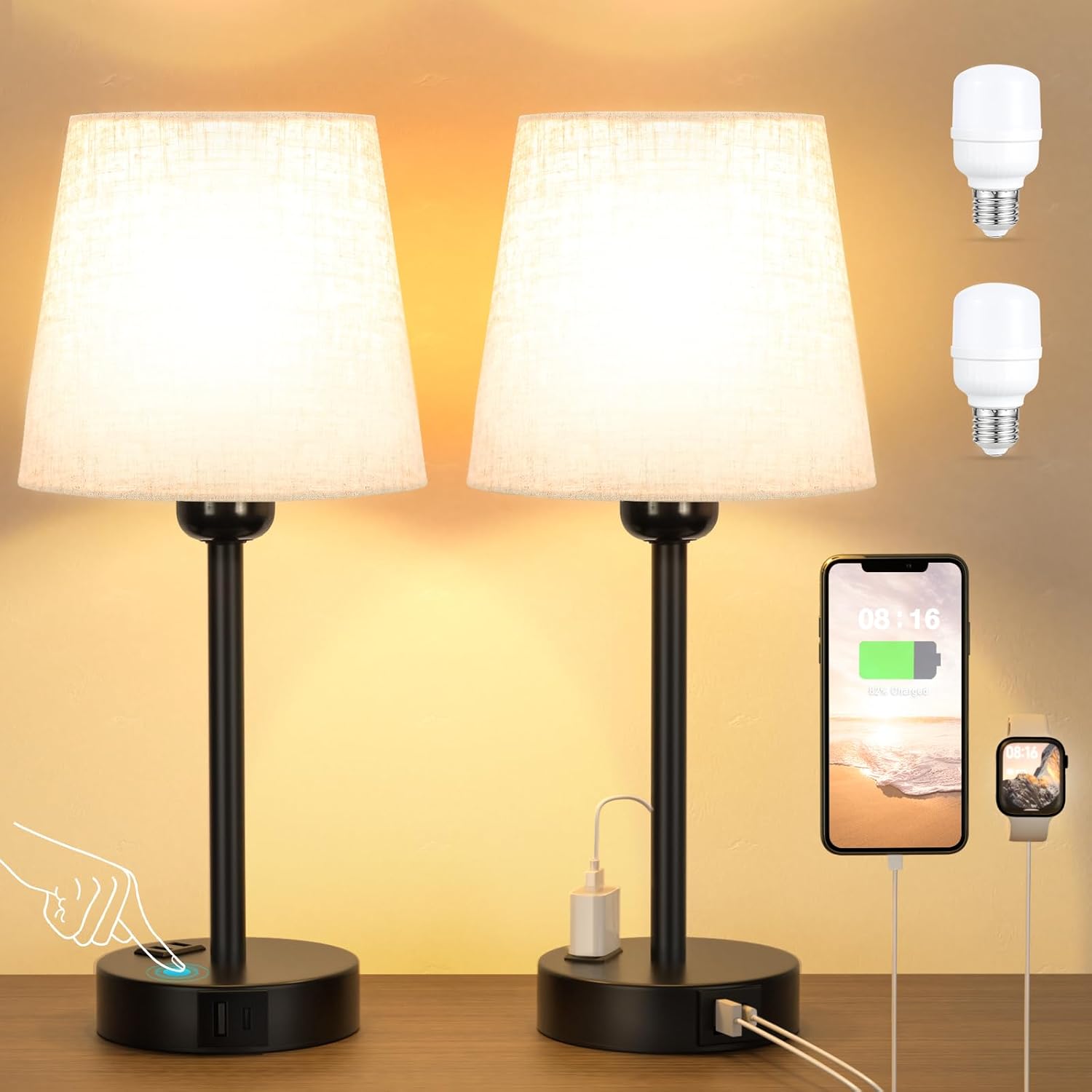 Kakanuo Lámpara de noche táctil con puertos USB-A+C + toma CA, lámparas de mesa, lote de 2, intensidad variable de 3 vías, pantalla de lino, lámparas para dormitorio, salón infantil oficina (bombillas [Clase de eficiencia energética F]