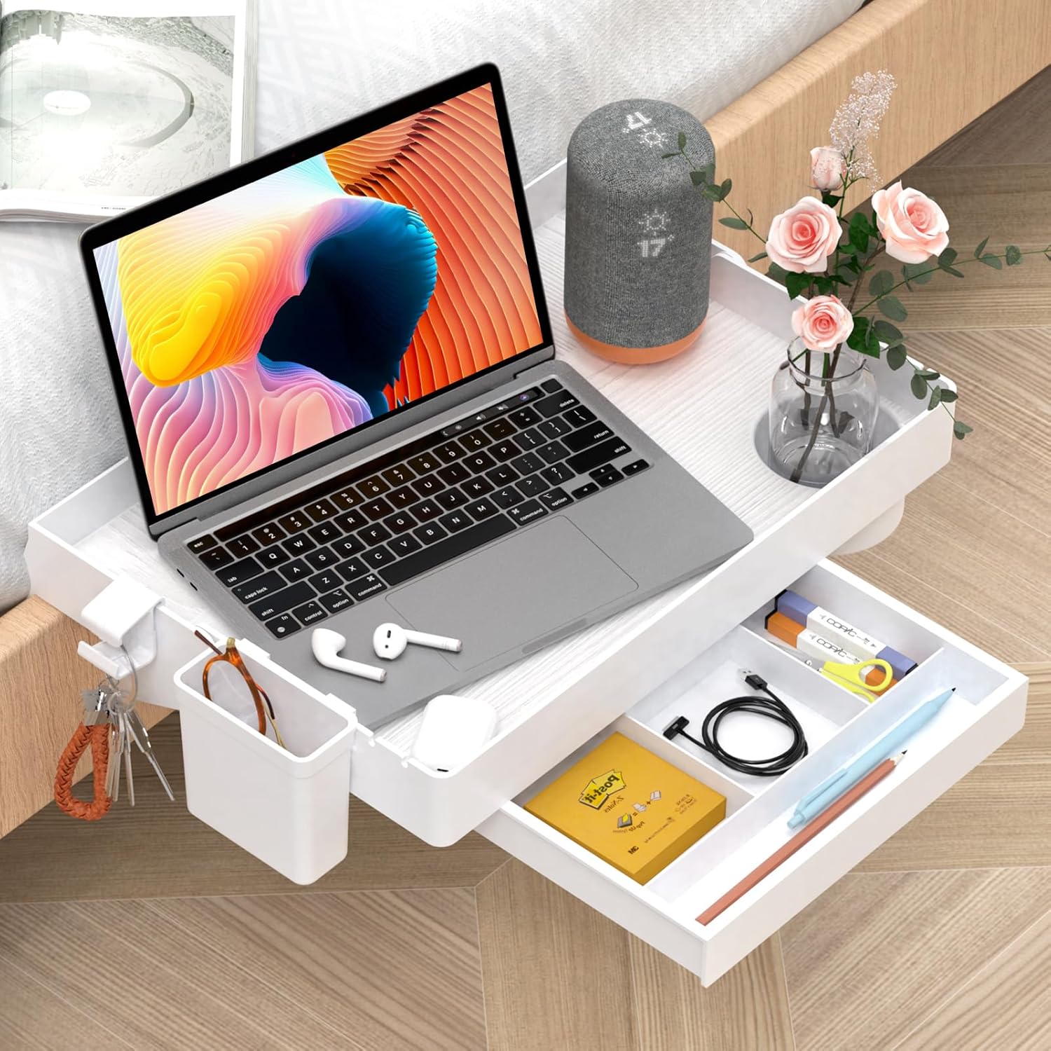 Ronlap Mesita de Noche Plegable, Estante para Litera para Dormitorio, Bandeja para Niños, con Cajón y Taza Colgante, 28,5 x 42 cm, Bianco