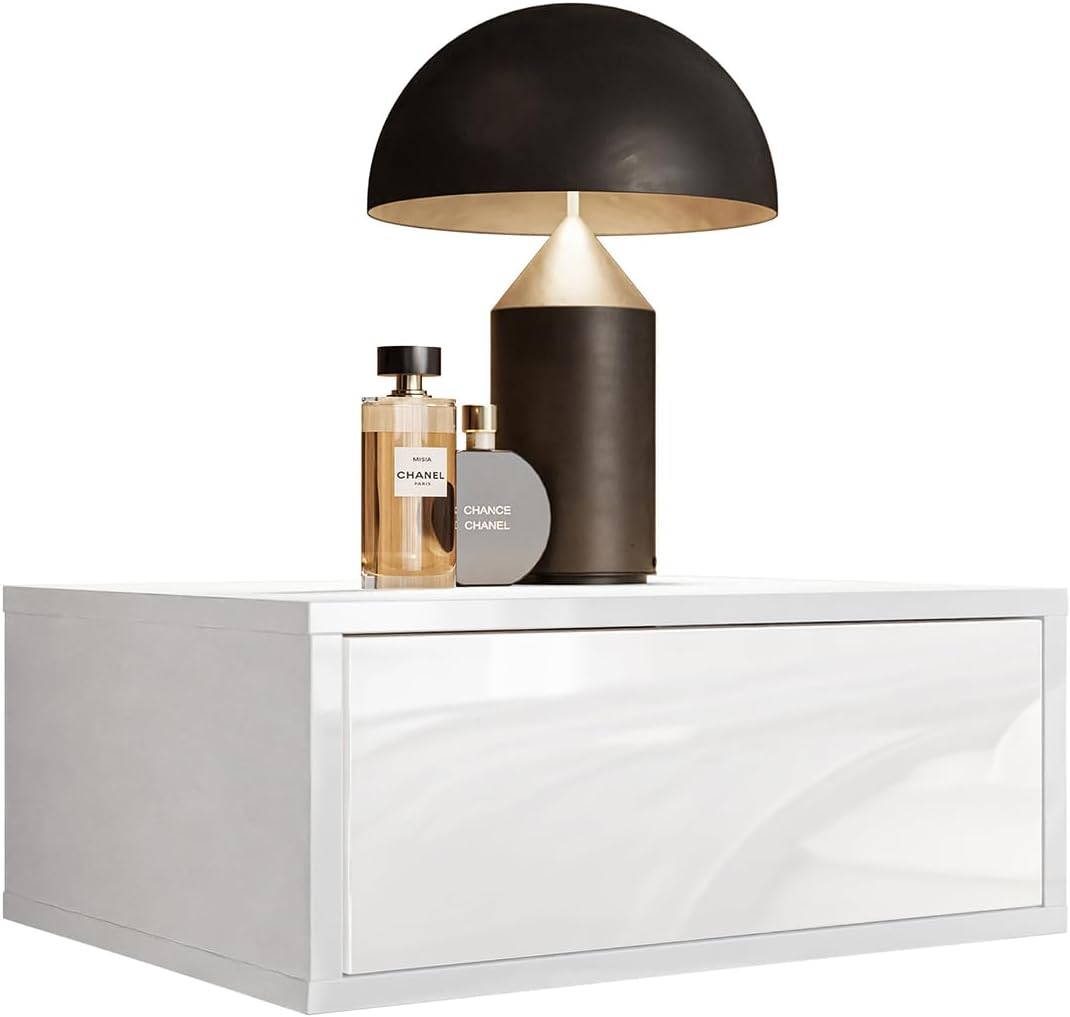 lucmebel Mesita de noche colgante Glamour, estante de pared con cajón, mesita de noche blanca brillante, apertura push, sin asa (mesita de noche, mesita de noche, mesita de noche, cama con somier)