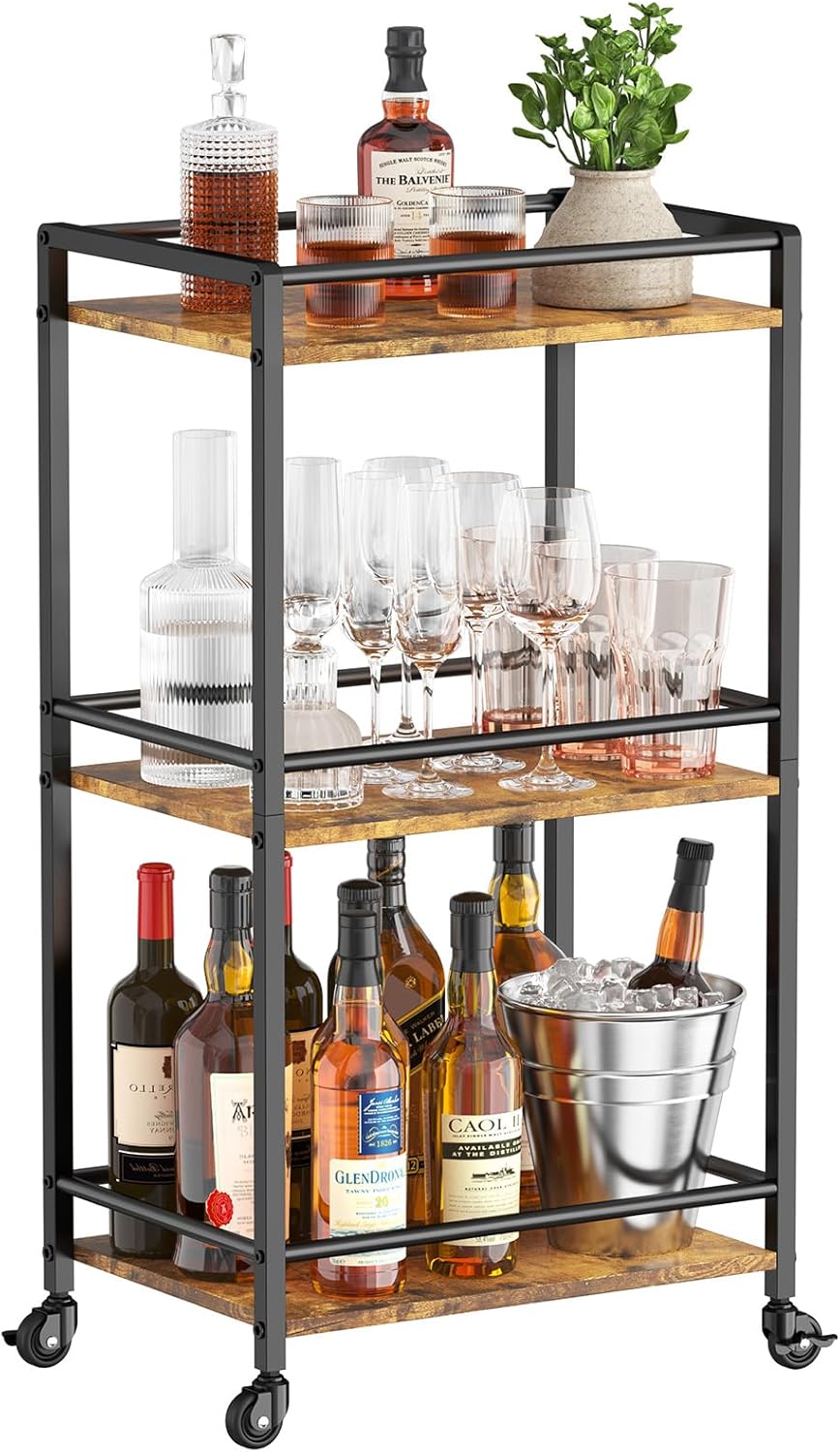 Lifewit Carrito de Cocina, Carrito Auxiliar de 3 Niveles,Carrito de Servicio de té con Ruedas con Bloqueo,Carrito de Cocina y Alcohol para Comedor y Sala de Estar,43.2 x 30 x 81.5 cm, Marrón rústico