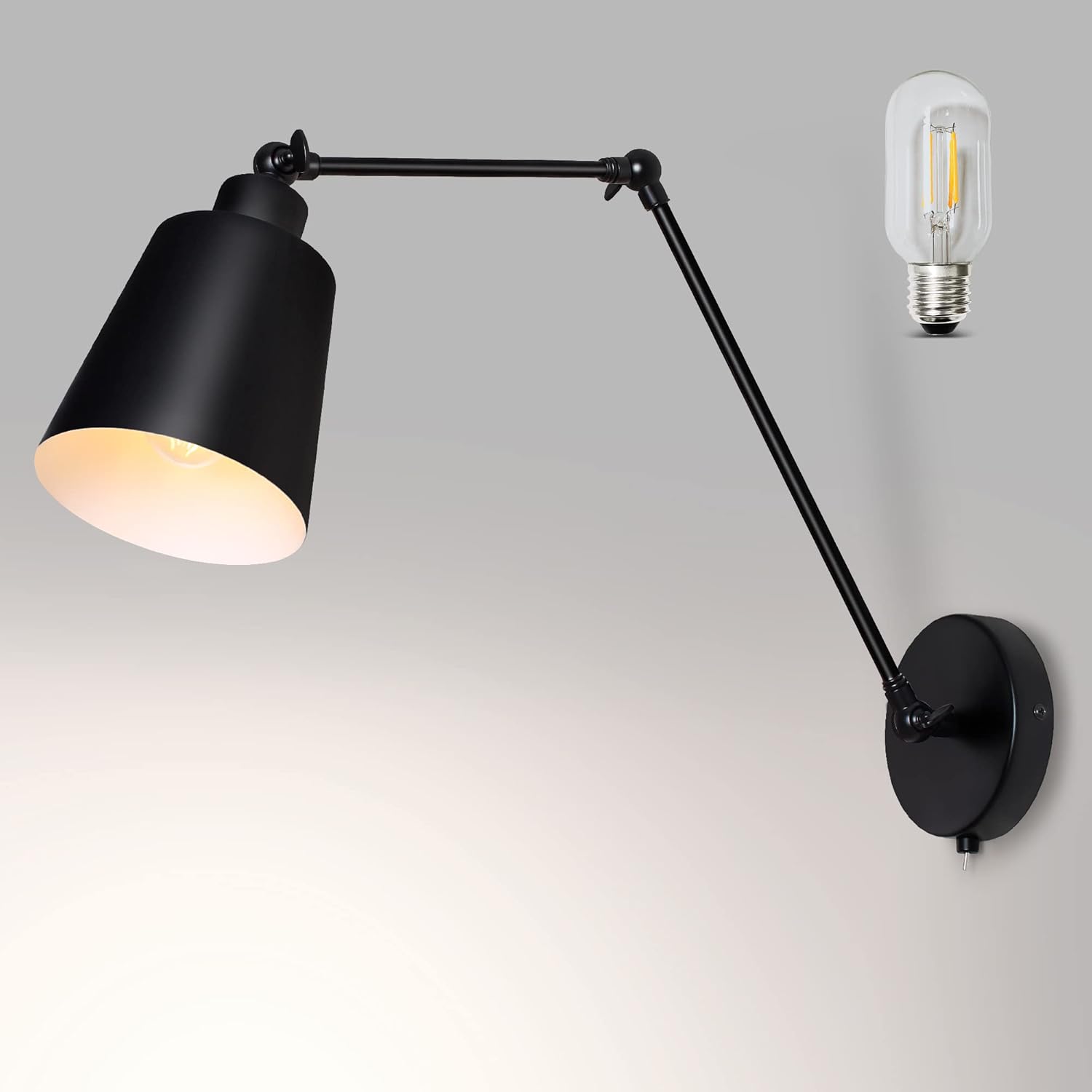 La lámpara de pared TYhogar está fabricada en hierro y metal de alta calidad con pintura al horno. Con brazo oscilante ajustable, ofrece versatilidad en la dirección de la luz. Incluye una bombilla in