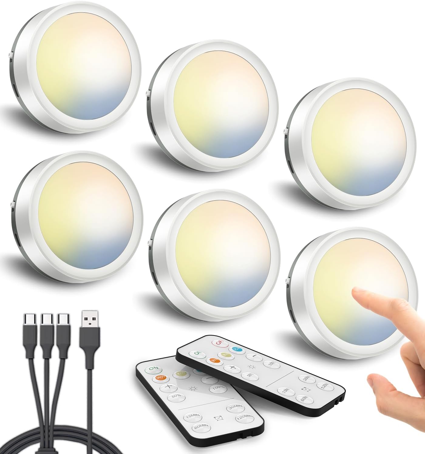 Foco LED regulable con batería y control remoto, iluminación de vitrina recargable por USB, iluminación inalámbrica para gabinetes, temporizador magnético, luz adhesiva, iluminación de estantes a batería, luz redonda debajo del gabinete para montaje adhesivo