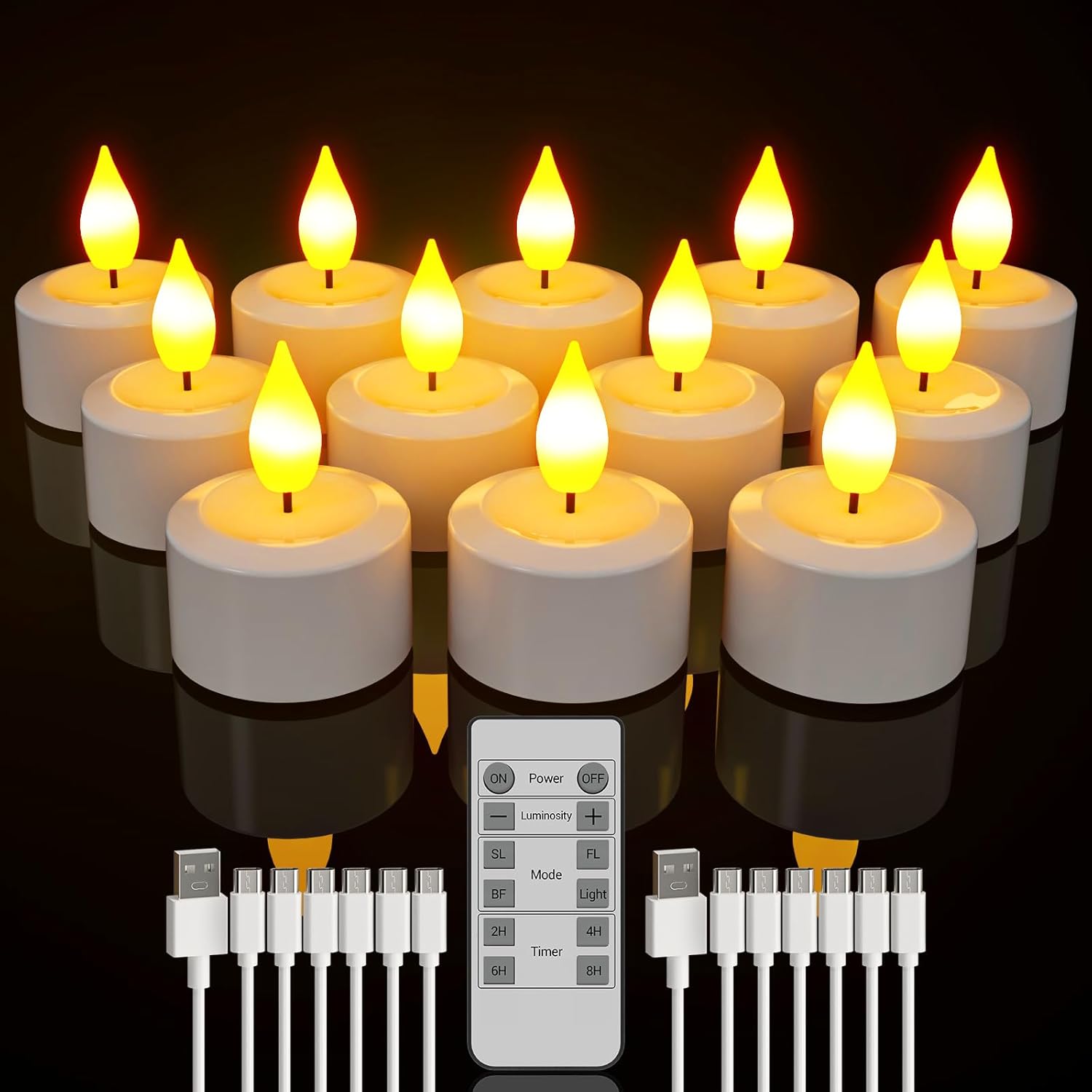 Paquete de 12 velas LED recargables con control remoto. Tiempo de carga: 2 horas; tiempo de funcionamiento: 42 horas. Funcionalidades: encendido/apagado, 4 modos de luz, temporizador de 2/4/6/8 horas.