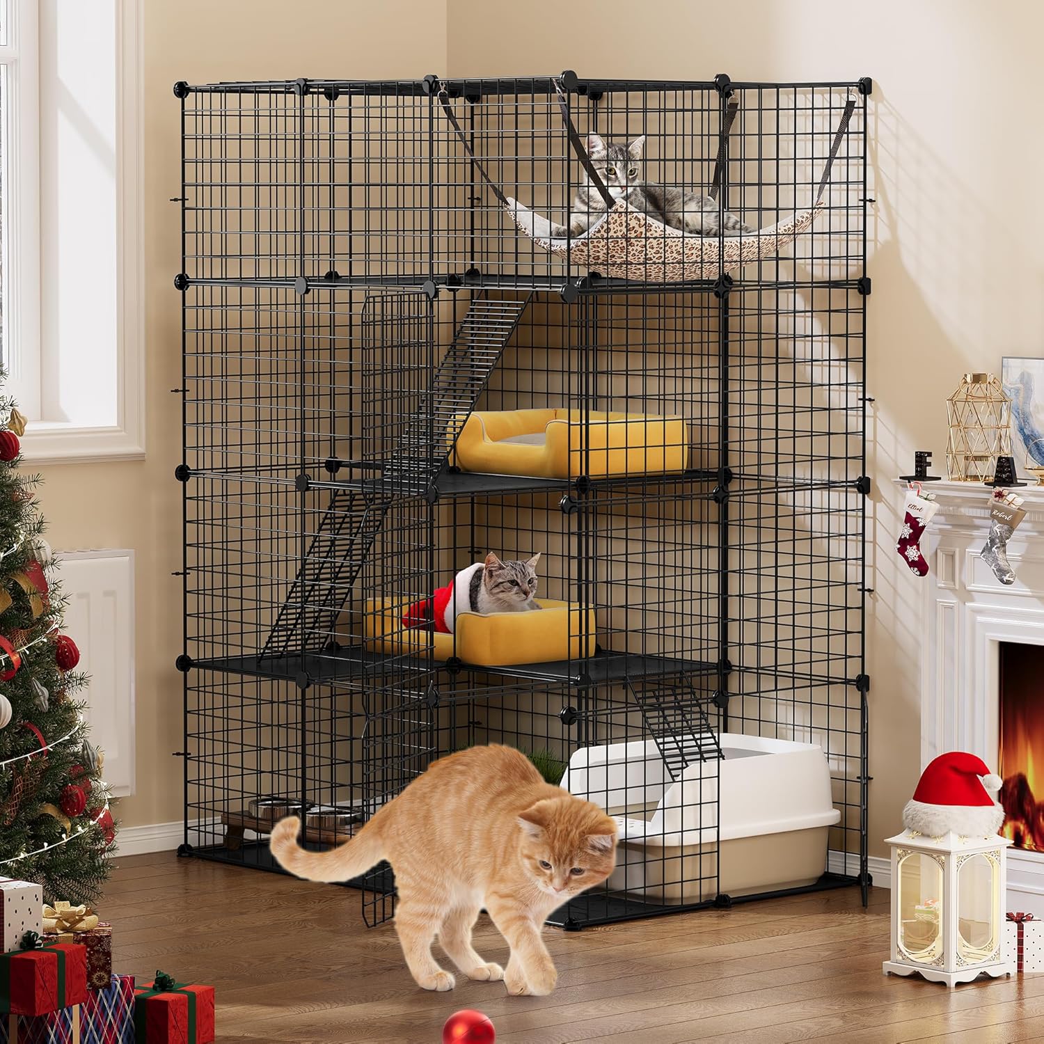 YITAHOME Jaula Grande para Gatos y Mascotas - Parque de Metal de 4 Niveles Con 4 Puertas, 3 Escaleras, Hamaca Grande - Para 1-3 Gatos o Conejito - Negro, 104 x 72 x 140 cm