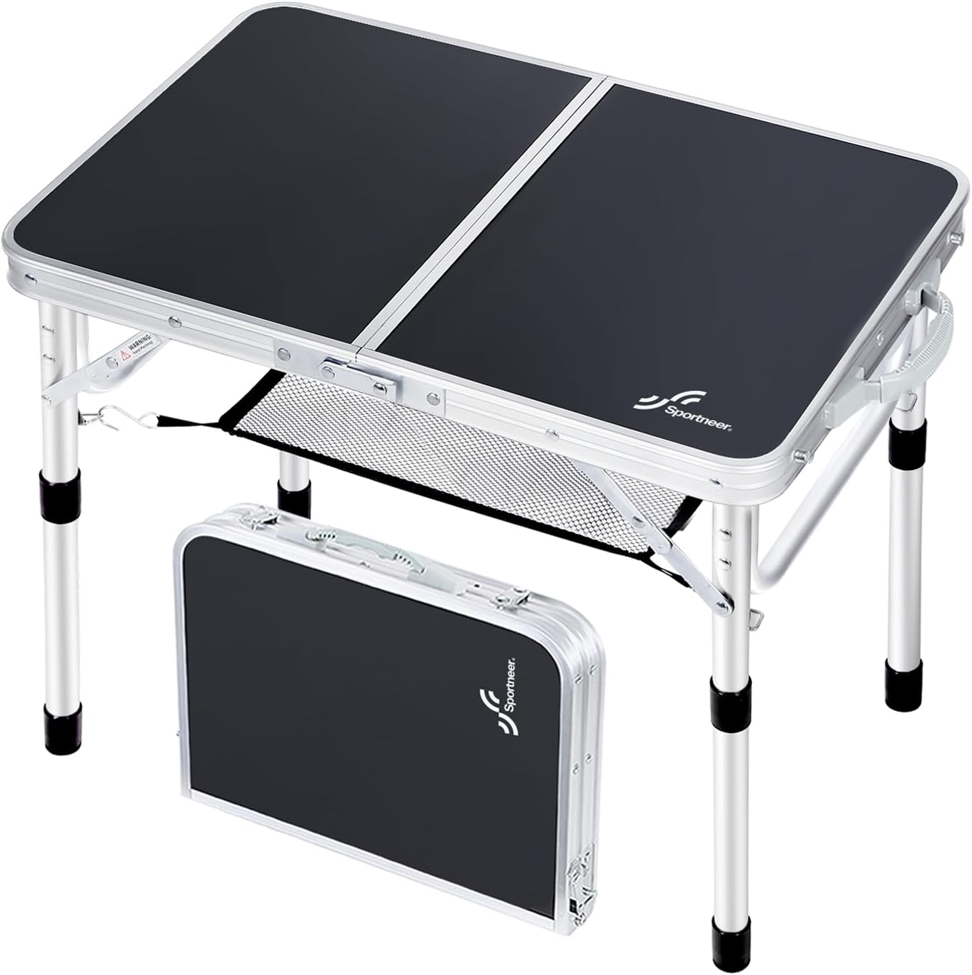 Sportneer Mesa de Camping de Altura Ajustable con Capa de Malla, mesas de Campamento Plegables portátiles de 60x40cm para Campamento al Aire Libre, Picnic, Playa, 2 Alturas, Negro