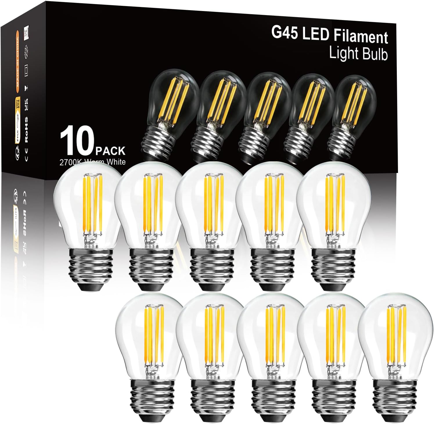 BRIMAX Pack de 10 bombillas LED E27 regulables, blanco cálido 2700K, 6W (reemplaza 60 vatios), 600LM AC230V G45 mini lámpara de filamento para lámparas de mesa, lámparas de pared, lámparas de pie