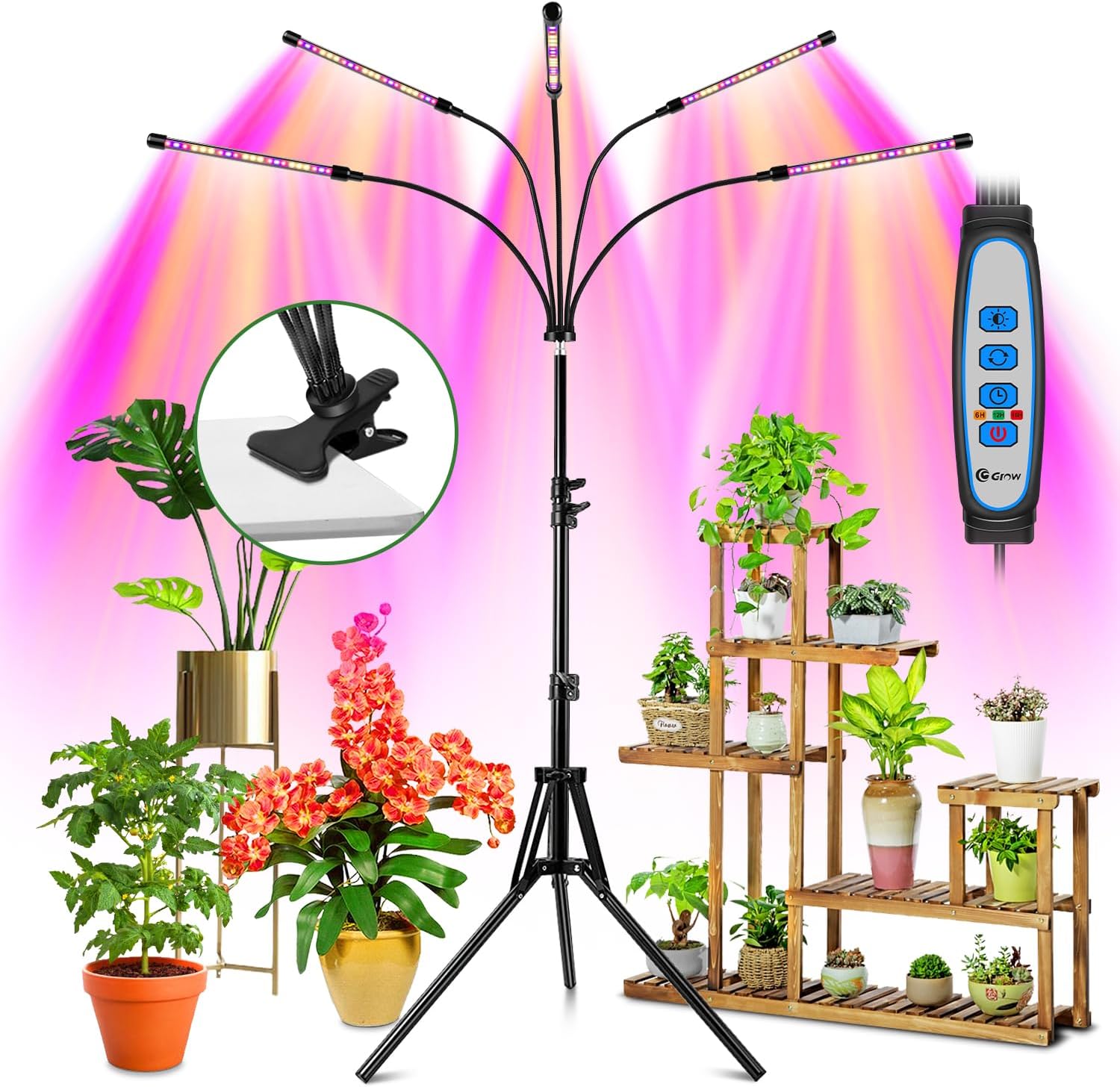 wolezek Luces de cultivo para plantas de interior, luz LED de espectro completo con soporte ajustable y clip resistente, luz de planta de 5 cabezales con temporizador automático de 6/12/16 horas, 3
