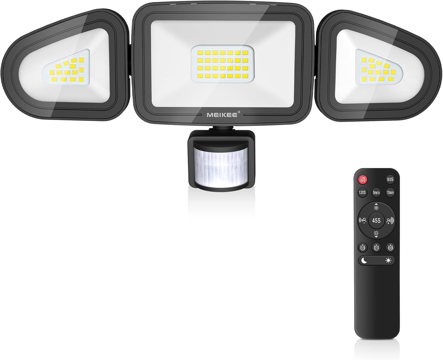 Foco LED MEIKEE 42W con detector de movimiento control remoto 400-3600LM 6500K 3 modos de brillo ajustable IP66 impermeable LED reflector de tres cabezas 180° foco ajustable para garaje jardín patio