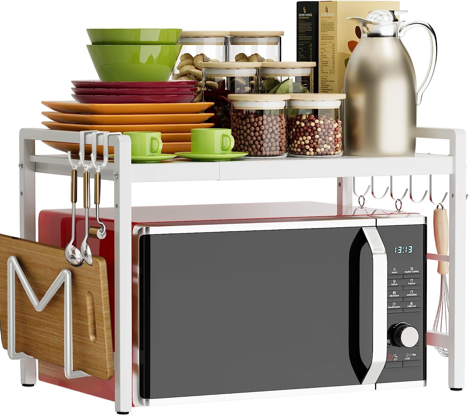 Estante expandible para microondas devesanter de 2 niveles con 6 ganchos, organizador de cocina para encimera, extensible de 40 a 64 cm, color blanco