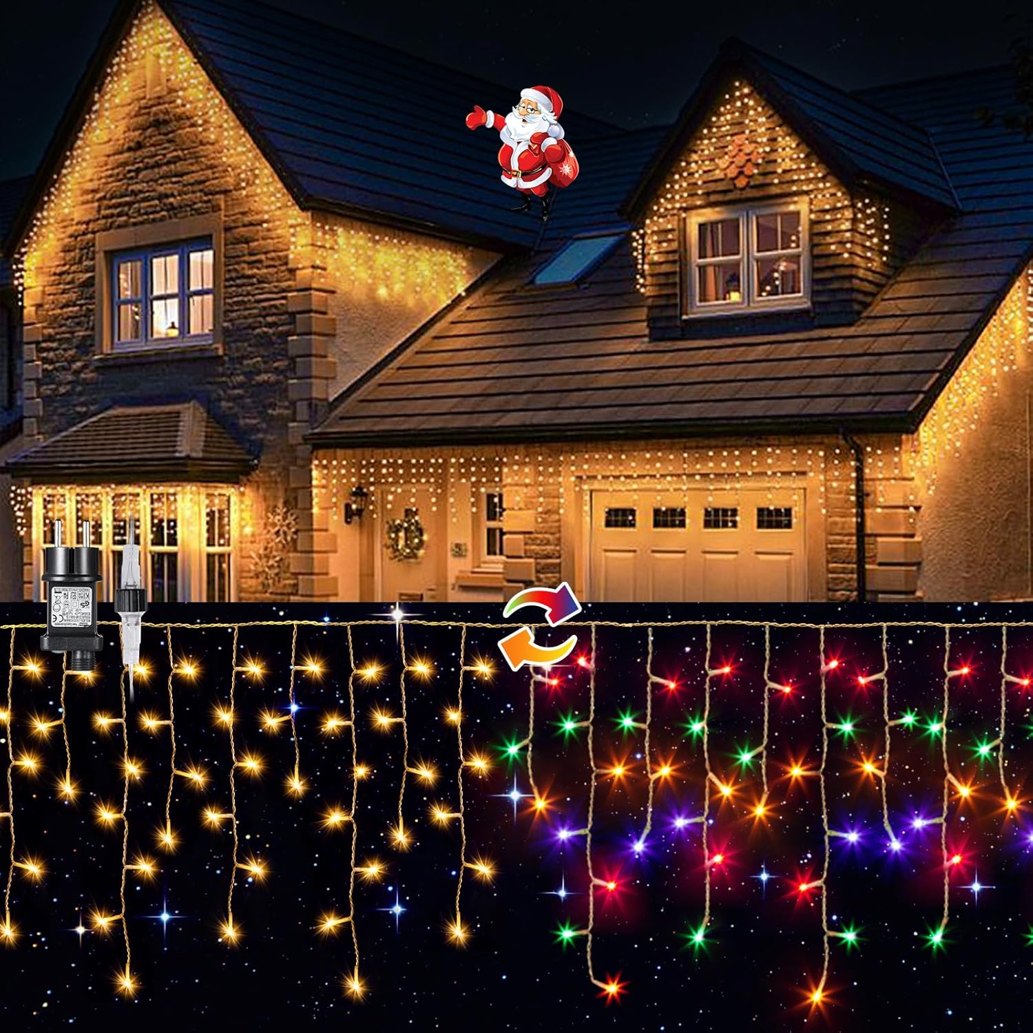 Guirnalda de luces LED Elegear de 10 m y 400 LED para exteriores, extensible, con temporizador, IP44, color blanco cálido y colorido, para ventana, 8 modos, para decoración navideña y aleros.