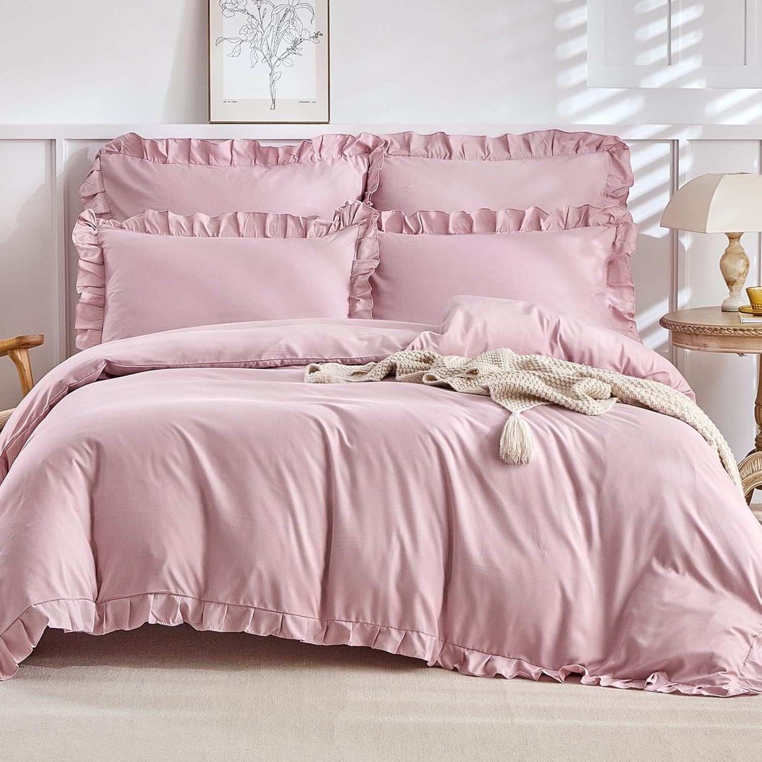 Lekesky Ropa de cama con volantes, color rosa, 200 x 220 cm, 3 piezas, ropa de cama de microfibra, flores, con cremallera, fundas de almohada de 80 x 80 cm
