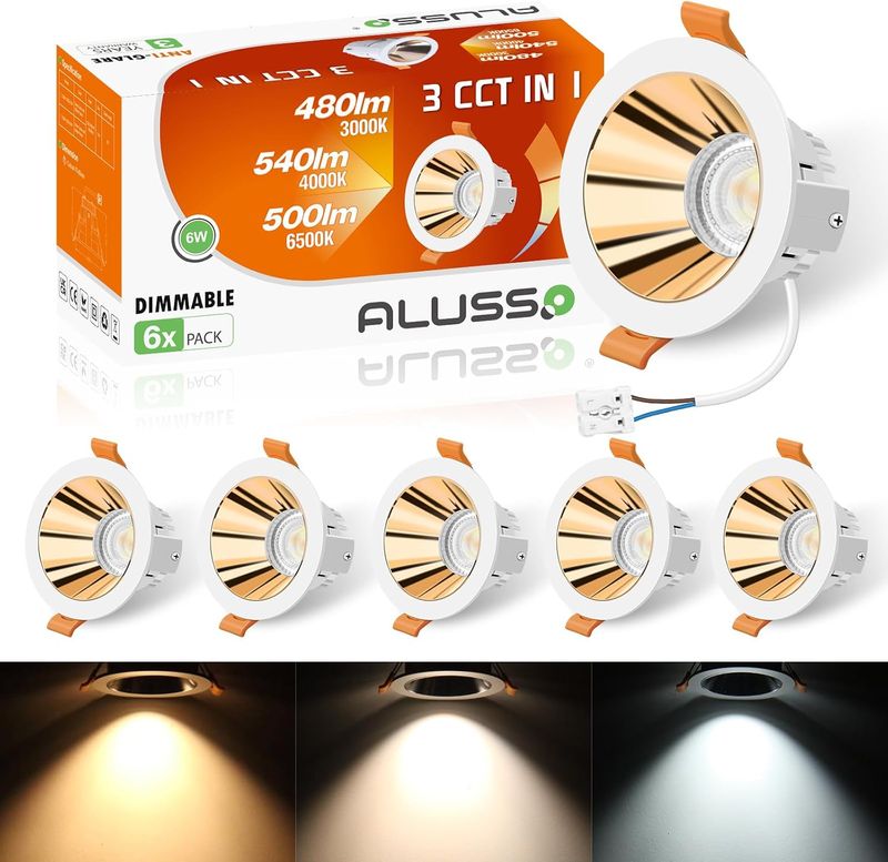 ALUSSO Foco LED regulable de 6 W, 540 lm, sin deslumbramiento, 3000 K, blanco cálido, 4000 K, blanco neutro, 6500 K, blanco frío, blanco y dorado, 230 V, para cocina, salón, juego de 6 unidades [Clase de eficiencia energética E]