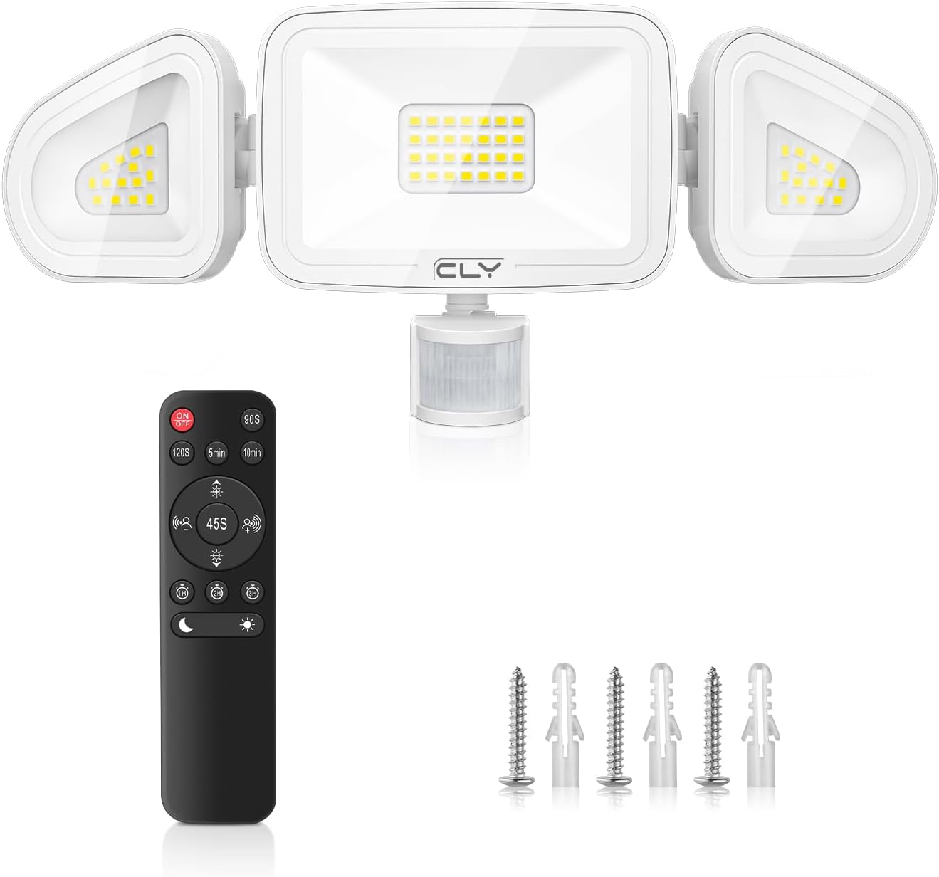 Foco LED CLY de 42 W con sensor de movimiento y control remoto, 3600 lm, 6500 K, blanco frío, para exteriores, con 3 focos ajustables, resistente al agua IP66, para garaje y patio.
