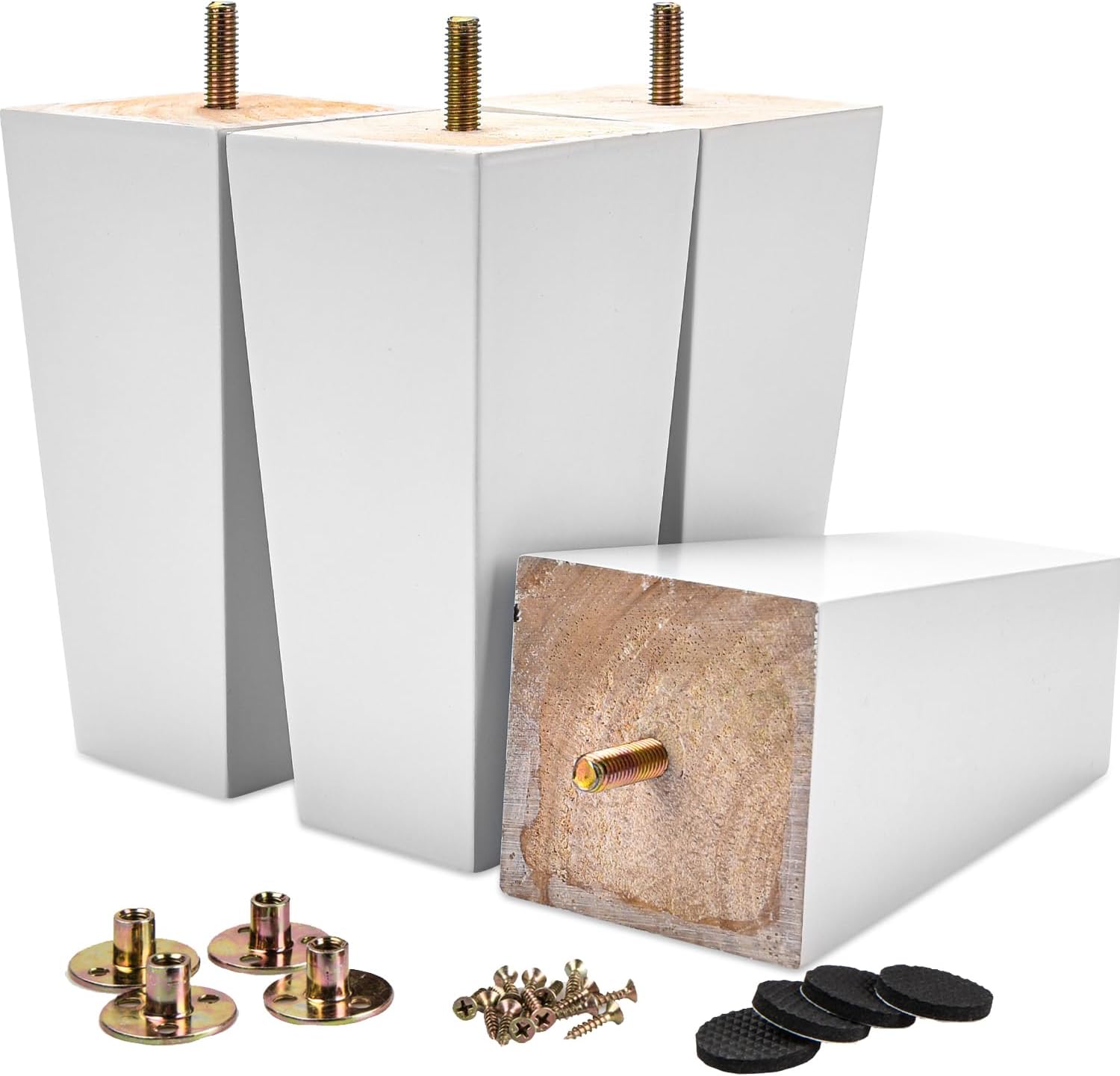 Juego de 4 patas de madera maciza para muebles La Vane - 20 cm de alto, blancas, forma piramidal con tornillos roscados M8 y placas de montaje - patas de repuesto para sofá, cama, armario, sillón (patas de madera, fáciles de instalar)