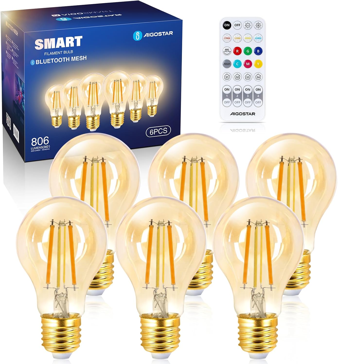 Bombilla inteligente E27 Aigostar de 6W con chip Bluetooth 5.0. Compatible con Alexa y Google Home. Ilumina con 806 lúmenes y ajusta la temperatura de color de 2700K a 6500K. Control mediante voz o ap