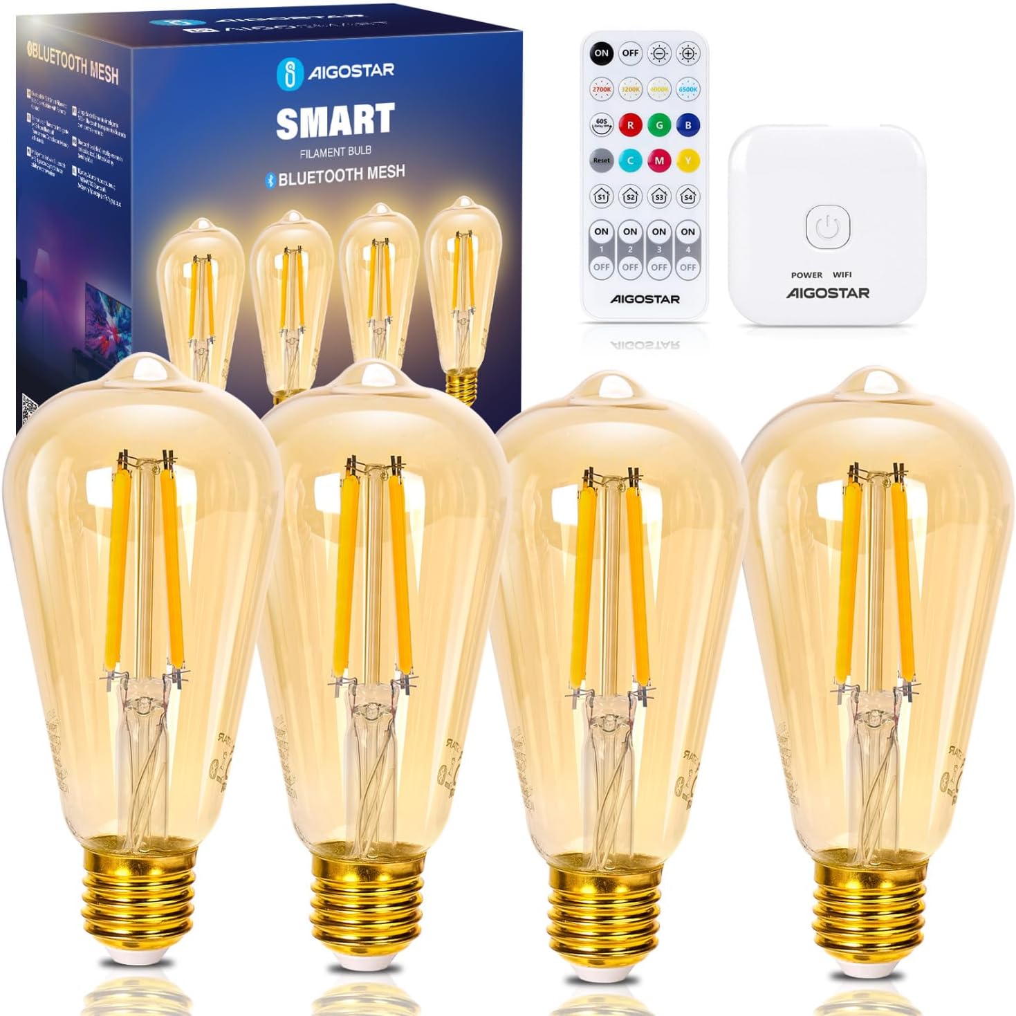 Bombilla LED inteligente E27 Aigostar de 6W y 806 lúmenes, soporta control por voz a través de Alexa y conexión vía aplicación AigoSmart. Incluye control remoto. Equipado con Bluetooth Mesh 5.0, permi
