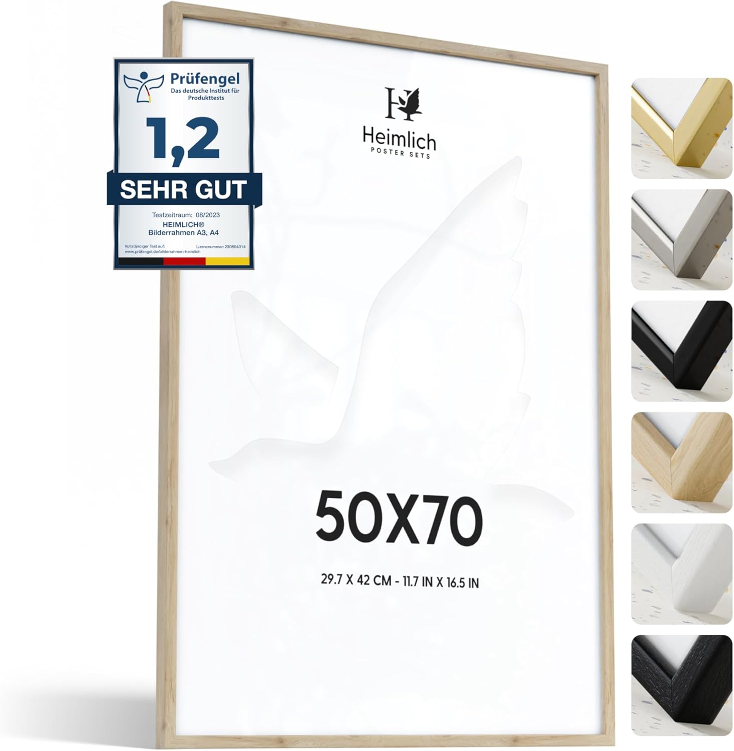 Heimlich® - Marco de fotos - 50 x 70 cm, madera de roble - Marco grande para collage DIY con cubierta de plástico - Solo para montaje en pared