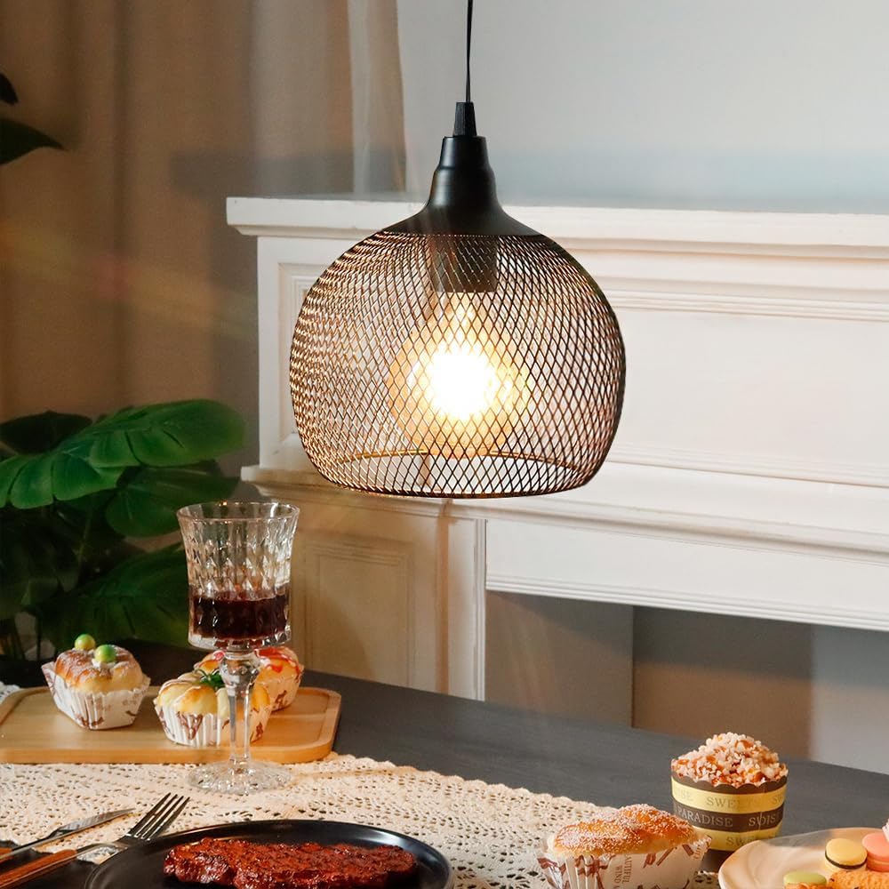 Lámpara colgante JHY DESIGN con diseño de jaula de metal decorativa a pilas y temporizador de 6 horas para bar, dormitorio, jardín, fiestas, patio, interior y exterior, sala de estar (redonda negra)