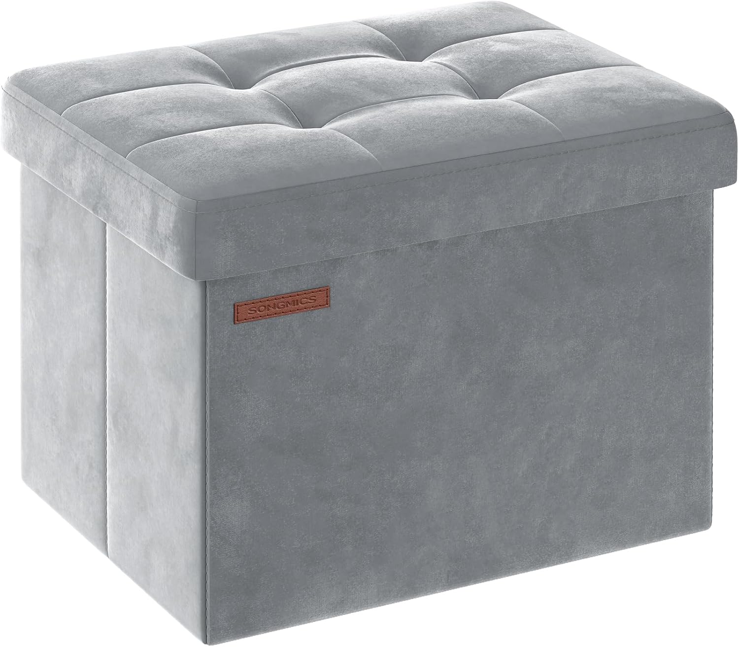SONGMICS Otomana Plegable, Banco de Terciopelo con Almacenaje, Caja de Almacenamiento con Tapa, Reposapiés, 31 x 41 cm, Capacidad de Carga 130 kg, para Recibidor, Salón, Dormitorio, Gris Paloma LSF200G02