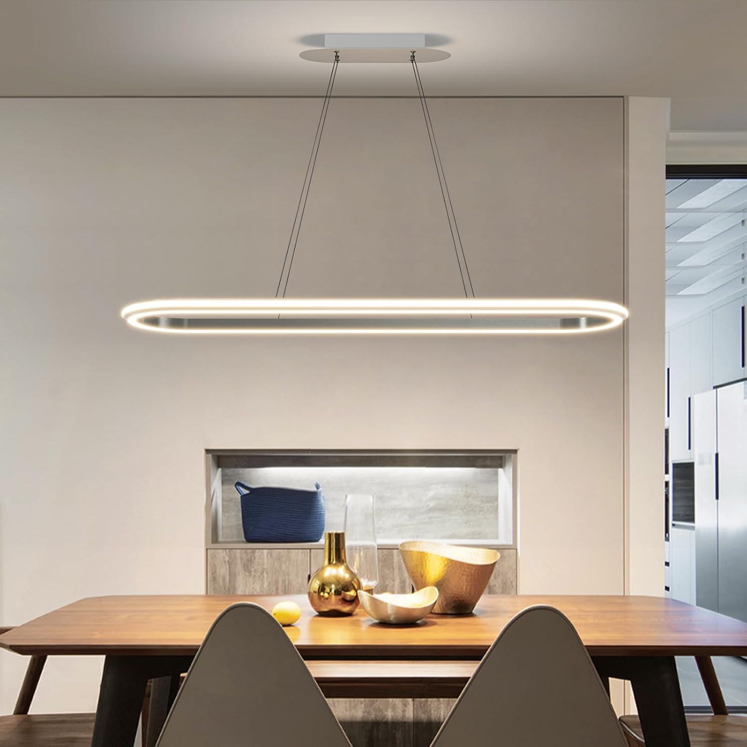 Lámpara colgante ovalada moderna Mikeru para mesa de comedor, 110 cm, circular, regulable, con mando a distancia, brillo ajustable del 10 % al 100 %, sin deslumbramiento, con función de memoria y altura ajustable.