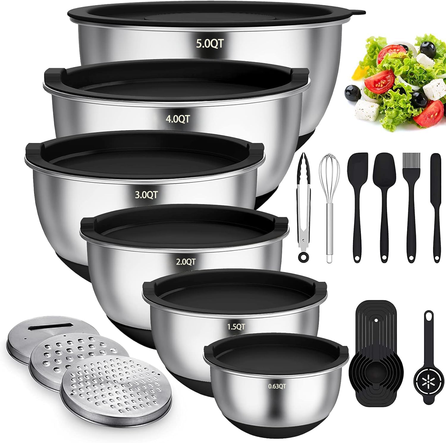 Terlulu Juego de 6 ensaladeras de acero inoxidable con tapa y base de silicona, 3 accesorios para rallador, 4,7 l/3,8 l/2,8 l/1,9 l/1,4 l/0,6 l, antideslizante y apilable, color negro