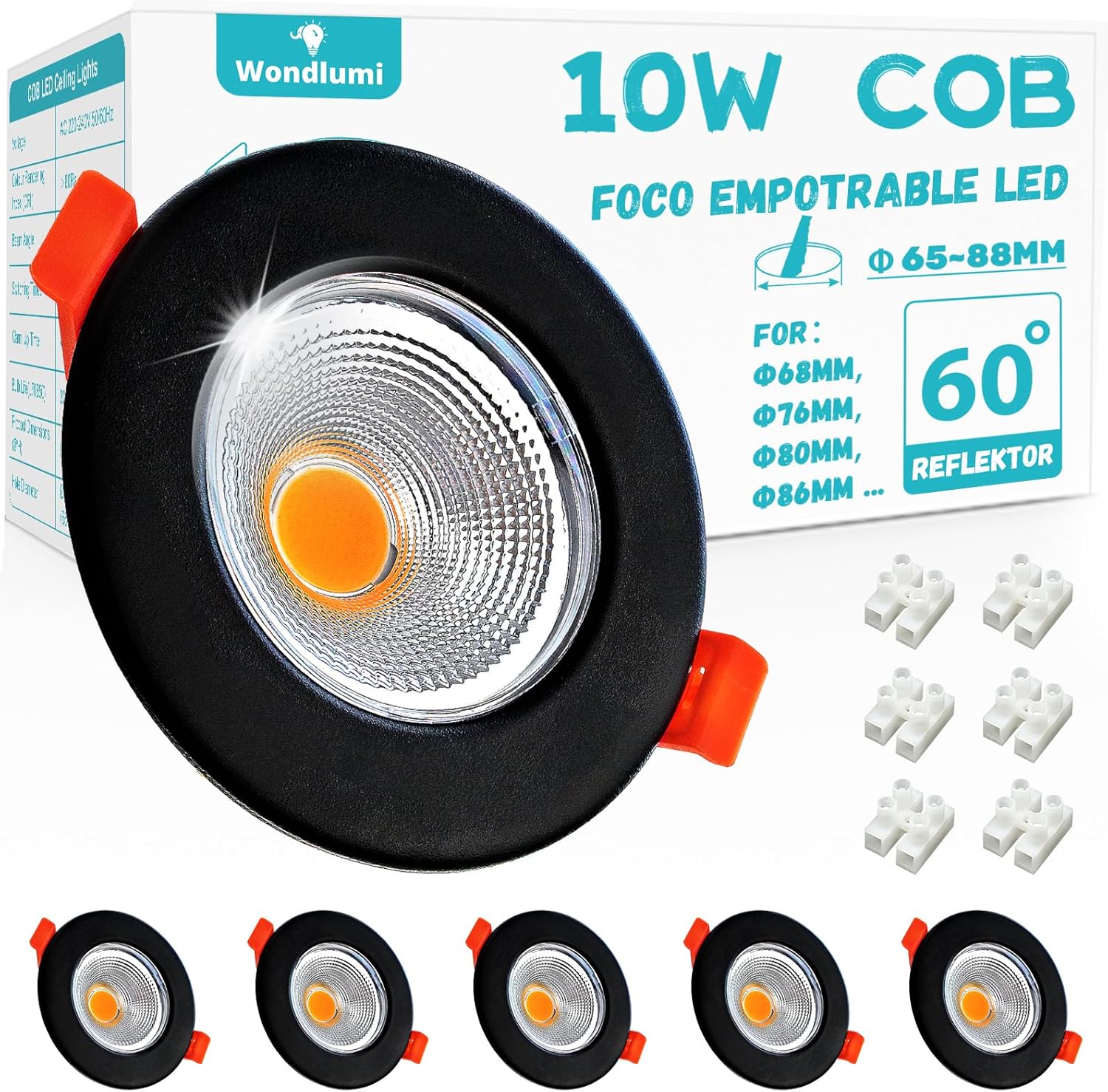 Wondlumi - 6 focos LED empotrables negros para pladur, 10 W (equivalente a 100 W), 850 lm, orificio de 65-85 mm, luz cálida de 2700 K, para cocina e interior, focos de techo LED COB de 220 V