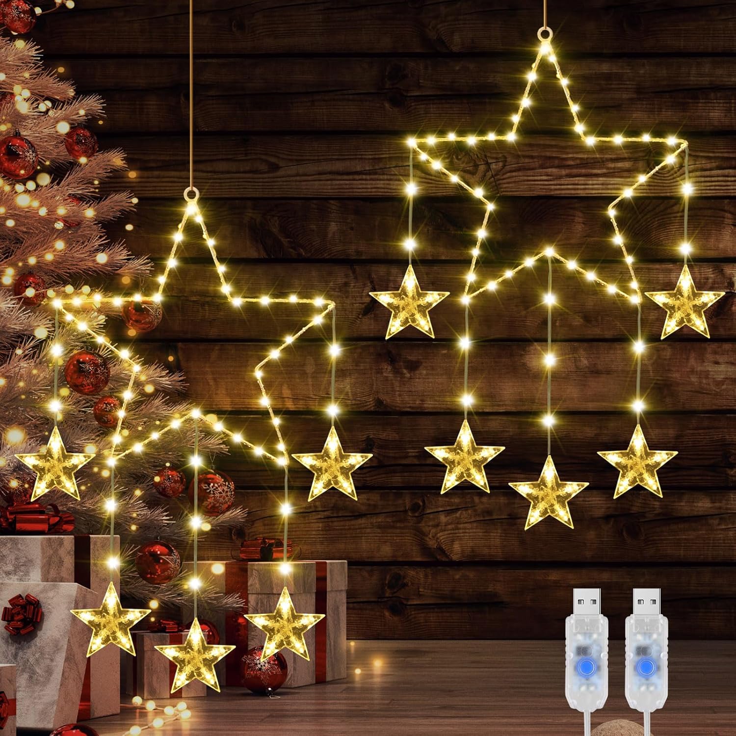 Luces navideñas de estrella para ventanas Therlan, 62 LED cada una, 8 modos de iluminación, USB, para colgar, para ventanas