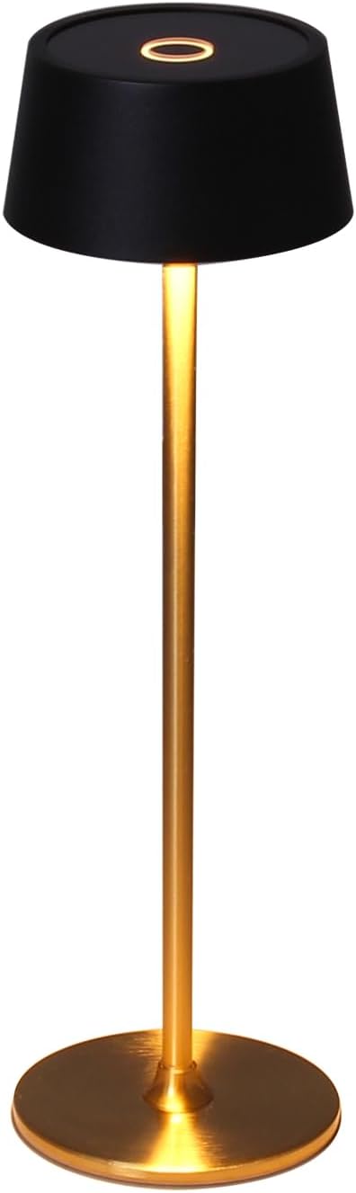 Lámpara de mesa inalámbrica regulable DAWALIGHT, LED de 4000 mAh con interruptor táctil, luz blanca cálida de 2700 K, moderna, recargable, de metal, para sala de estar, dormitorio, interior, color negro y dorado.