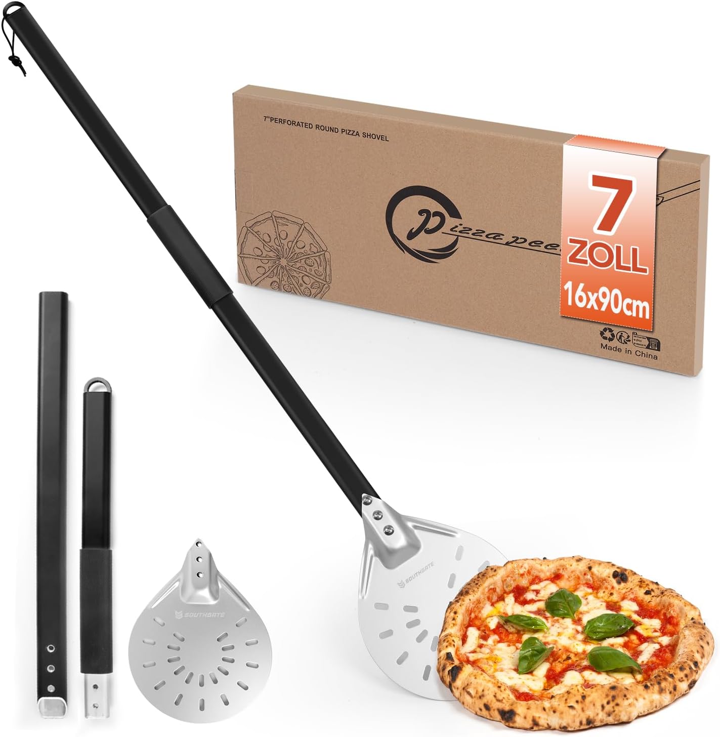SOUTHGATE Espátula para Pizza, Pala para Pizza Perforada, Pala Giratoria para Pizza Redonda, Pala de Aluminio Perforada, Servidor de Pizza de 7 Pulgadas con Mango extraíble [90 cm] para Horno de Pizza