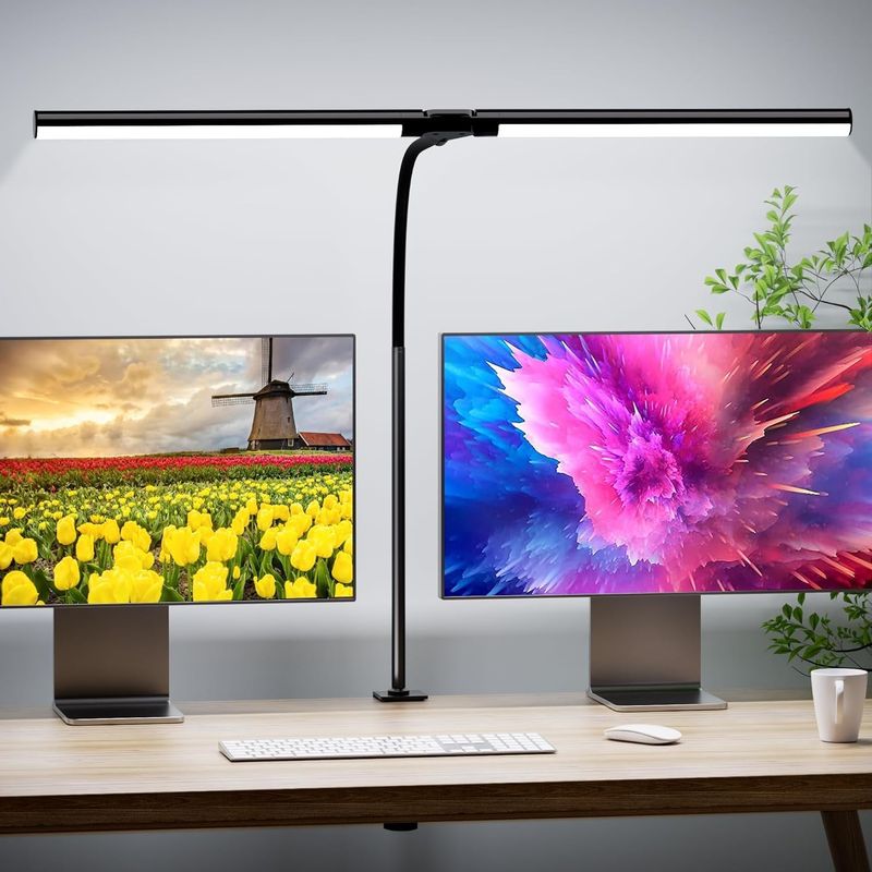 Quntis Lampara LED Escritorio, 80cm 15W Flexo LED Escritorio Potente con Doble Cabeza y Pinza, 4 Modos & 4 Niveles Brillo, Protección Ocular Luz de Escritorio para Trabajo, Estudio, Oficina