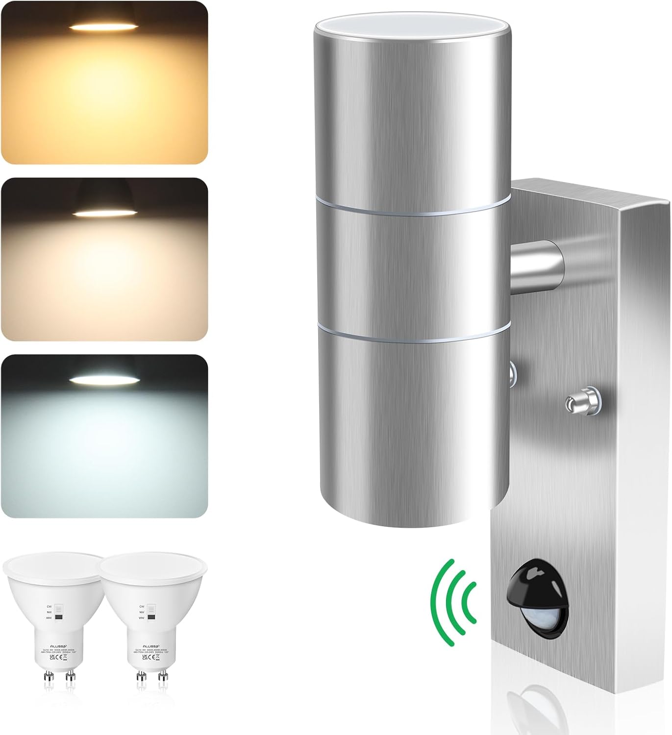ALUSSO LIGHTING Aplique LED de exterior de acero inoxidable con sensor de movimiento PIR, iluminación ascendente/descendente, incluye 2 bombillas GU10 de 8 W, 750 lm, 3000 K/4000 K/6000 K, IP65, resistente al agua, para jardín, color plateado.