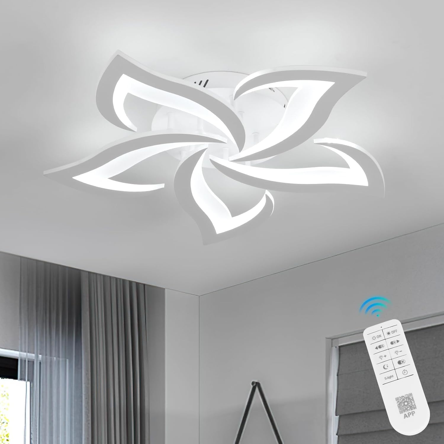 Lámpara de techo LED Riserva, regulable, 40 W, moderna, con mando a distancia/AP, 3000 K-6500 K, diseño creativo en forma de pétalo, ideal para salón, dormitorio, comedor o balcón, color blanco.