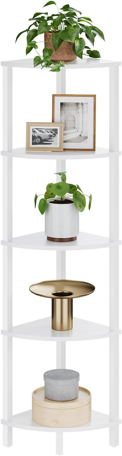 VASIHO Estantería Esquinera, Estantería de 5 Niveles, Estantería de Almacenamiento, Estantería para Plantas, para Cocina, Salón, Diseño Industrial, Color Blanco JSJ001WV1
