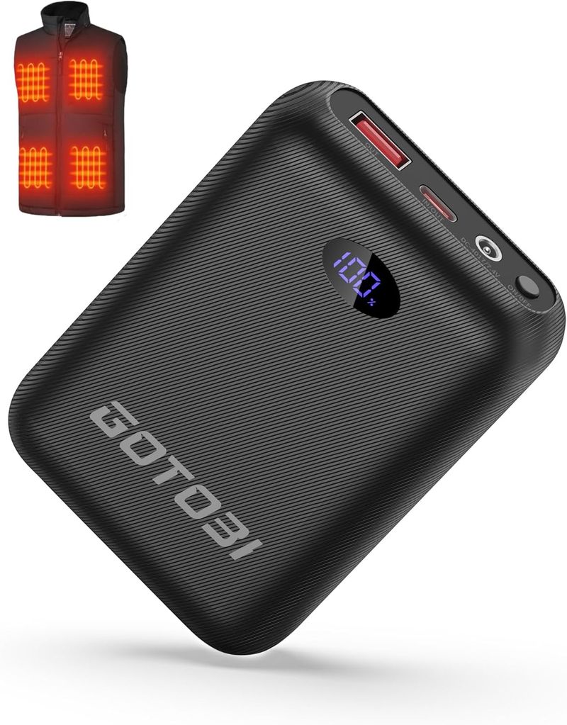 Batería para Chaleco Calefactable- Banco de Energía Recargable de 7,4V/5V y 16000mAh con Pantalla LED y Salidas DC/USB/Type-C para Chalecos Chaquetas y Sudaderas Calefactable