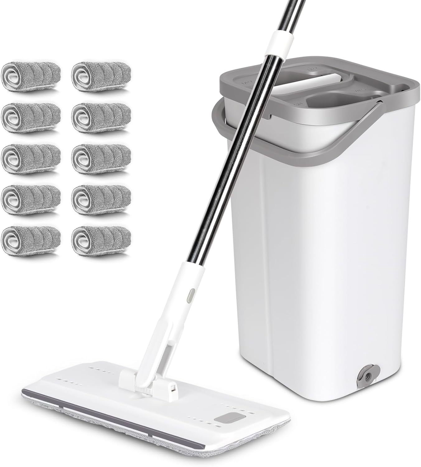MASTERTOP Cubo Escurridor y Fregona de Microfibra, Fregona Plana Giratoria 360° + Cubo Manos Libres de 2 Compartimentos, con 10 Almohadillas (Blanco)