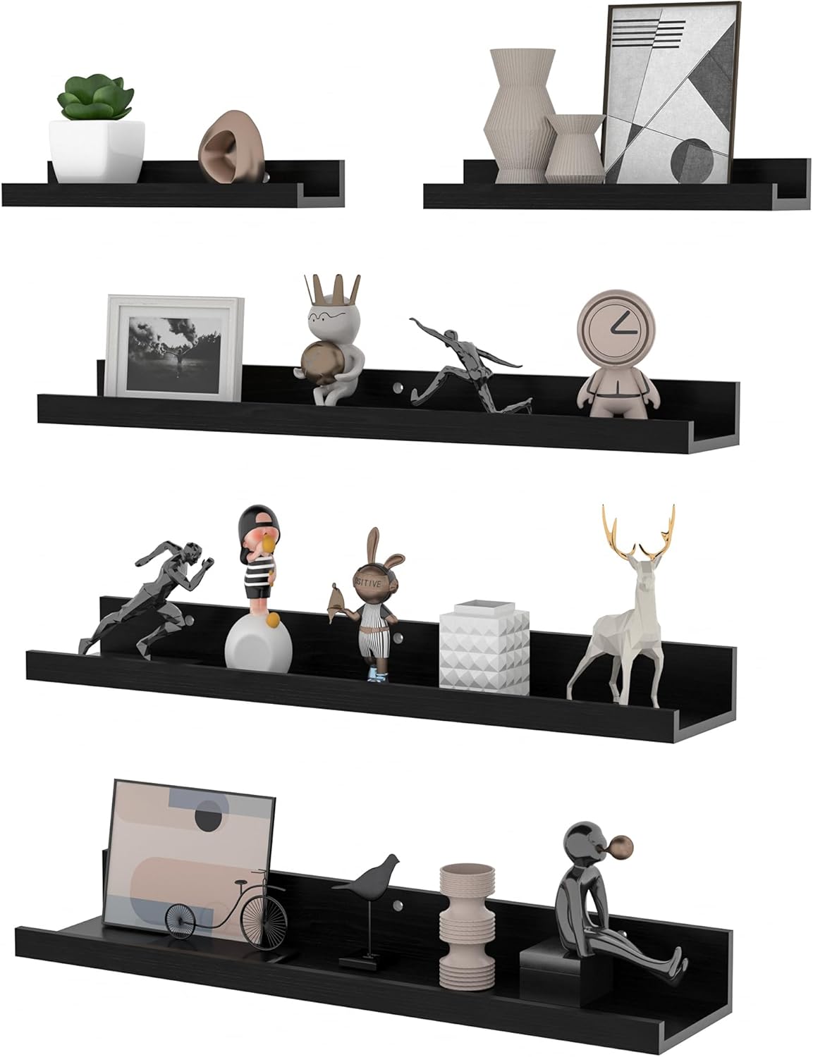 Estantería de pared de madera negra RLAVBL de 90 cm, 5 estantes flotantes, expositor multifuncional para salón, cocina, baño o estudio.