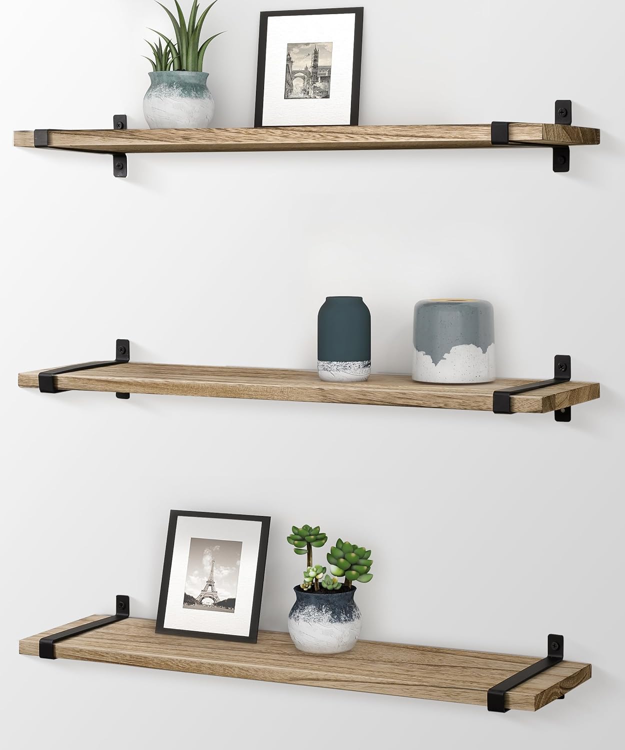 Estantería de pared de madera Gronda, juego de 3, estanterías flotantes para cocina, estantería de pared de cocina con metal negro, estante extraíble, tablero sin taladrar, madera maciza, industrial, vintage, salón, baño, libros, 60 cm