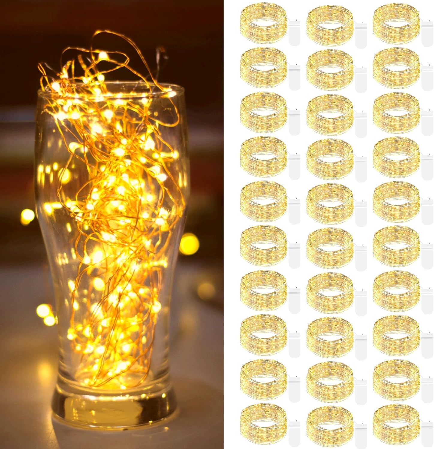 Btfarm - Guirnalda de luces LED (30 unidades, 2 m, 20 LED, alambre plateado, funciona con pilas, resistente al agua, ideal para Navidad, bodas, fiestas, decoración de interiores, blanco cálido)