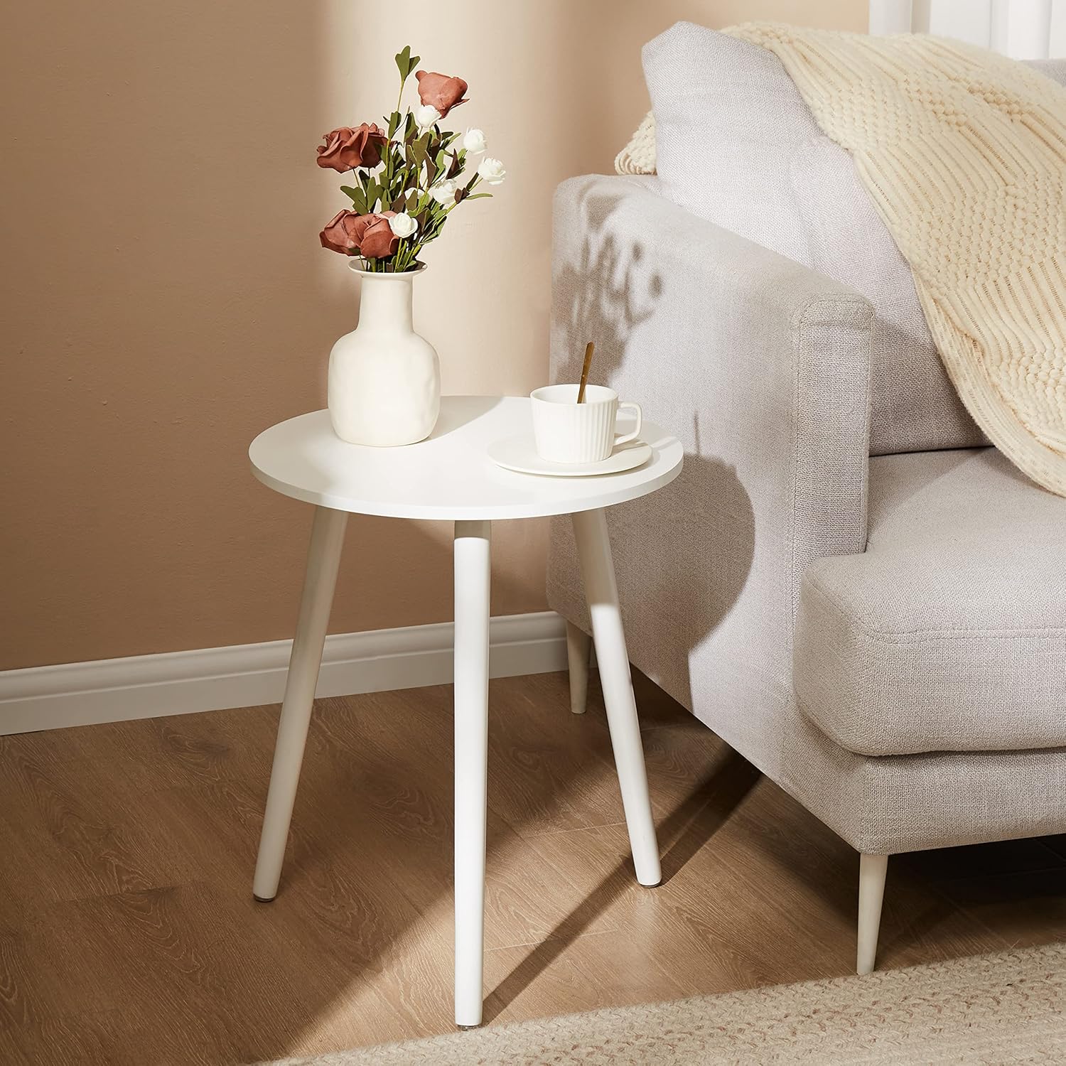 YOUDENOVA Mesas auxiliares de madera, mesa de centro redonda, diámetro 42 x 52 cm, mesa de salón, mesita de noche con bandeja, mesa de sofá, soporte para flores, resistente, color blanco, YDET005