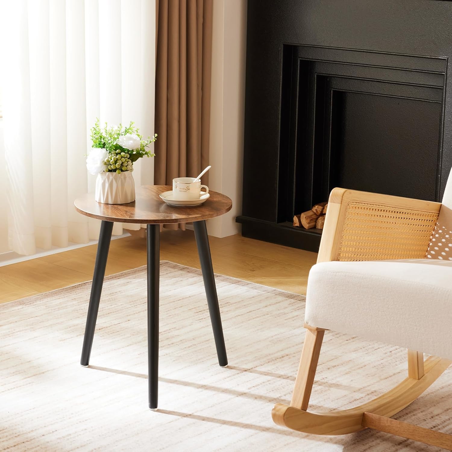 Mesas auxiliares de madera YOUDENOVA, mesa de centro redonda, Ø42x52cm, mesa de salón, mesita de noche con bandeja, mesa de sofá, soporte para flores, robusta, marrón vintage/negro