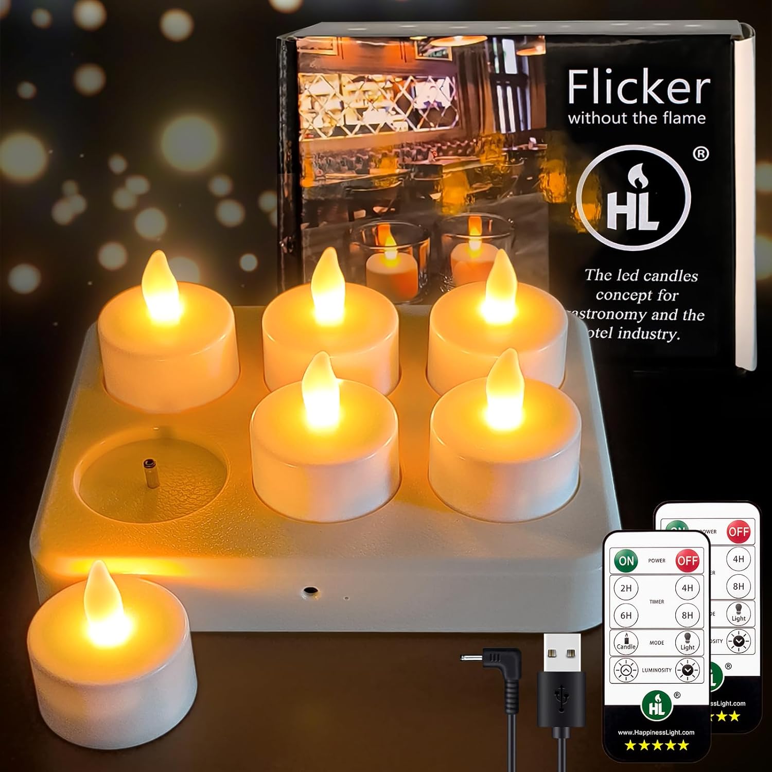 Velas de té LED recargables HL parpadeantes con control remoto y temporizador, más de 50 horas de duración, con estación de carga y cable USB para decoración navideña, 6 unidades, amarillas
