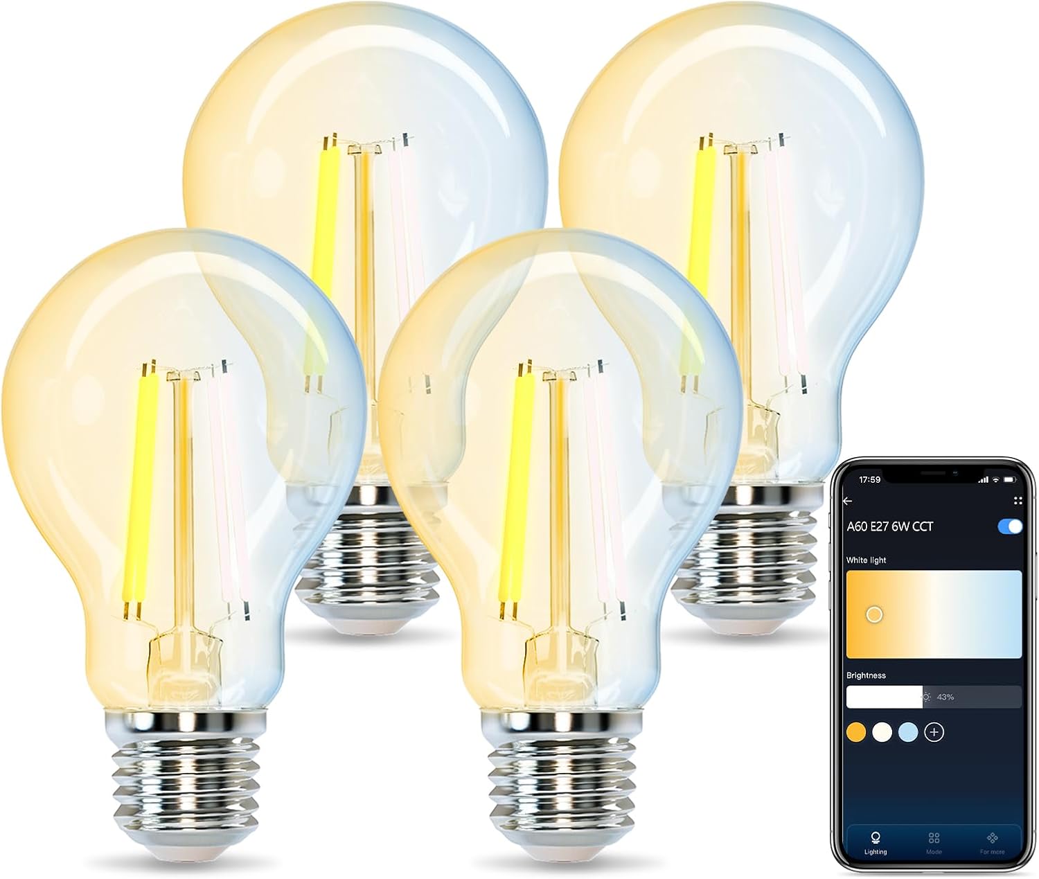 Bombilla inteligente LED E27 de 6W, 850LM, regulable entre 2700K y 6500K. Compatible con WiFi 2.4GHz, Alexa y Google Home. Incluye control por voz, temporizador, y función de agrupación. Ideal para di
