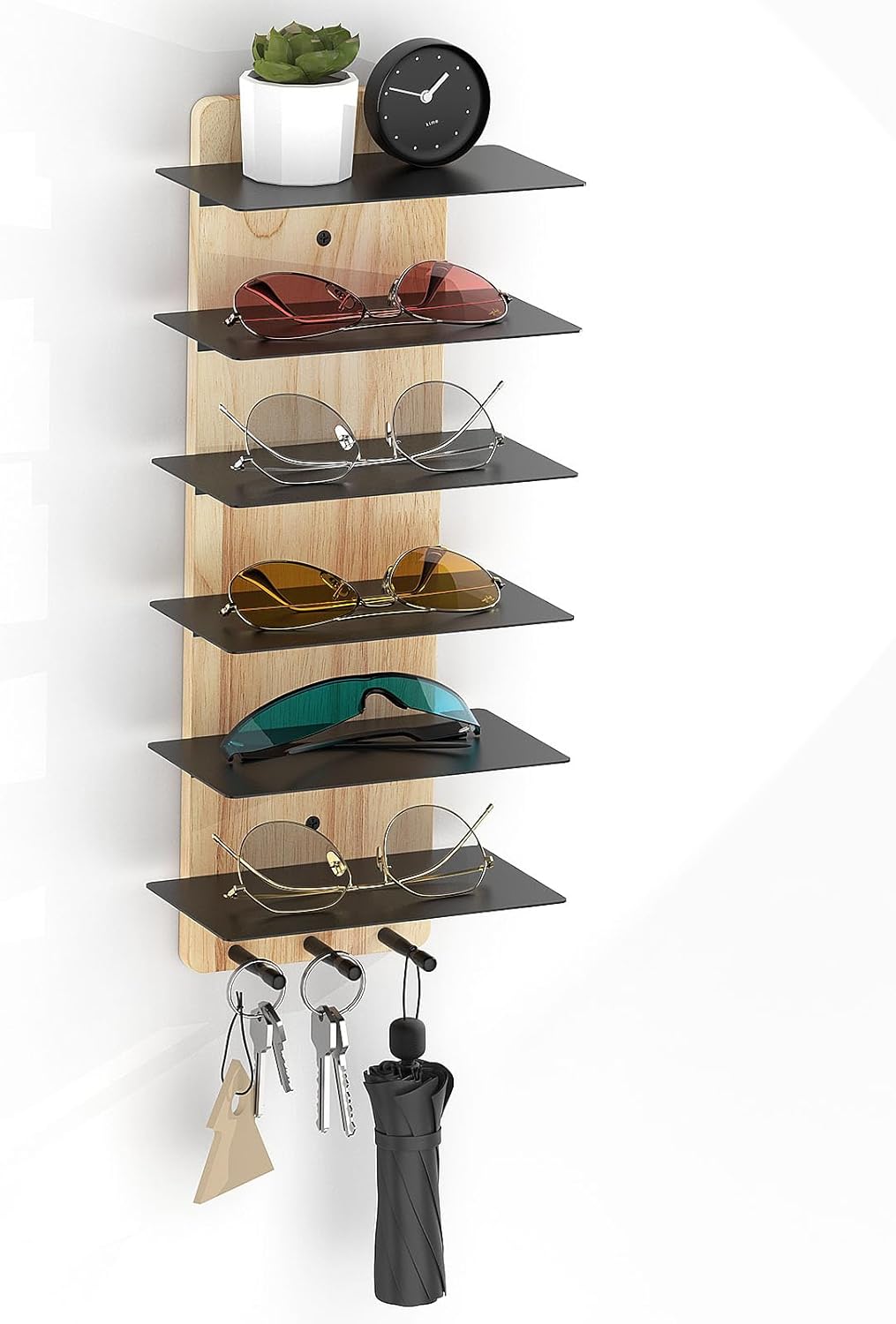 MoKo Organizador de Gafas de Sol, Estante de Presentación de Portavasos de Madera con 6 Niveles y 3 Ganchos, Organizador de Pared para Llaves para Entrada, Sala de Estar, Dormitorio, Madera + Negro